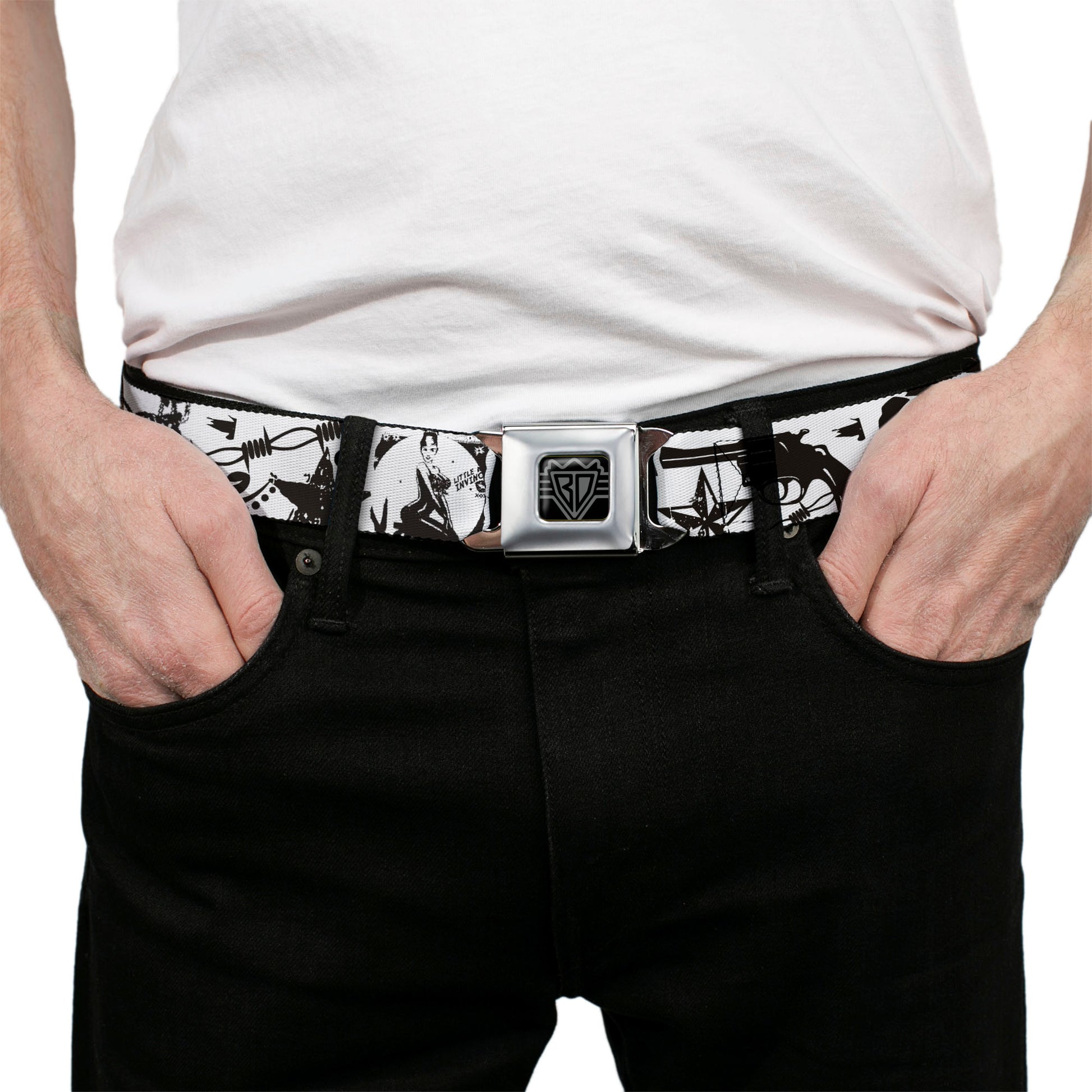 BD Wings Logo CLOSE-UP Full Color Black Silver Seatbelt Belt - Madness White/Black Webbing Seatbelt Belts Buckle-Down