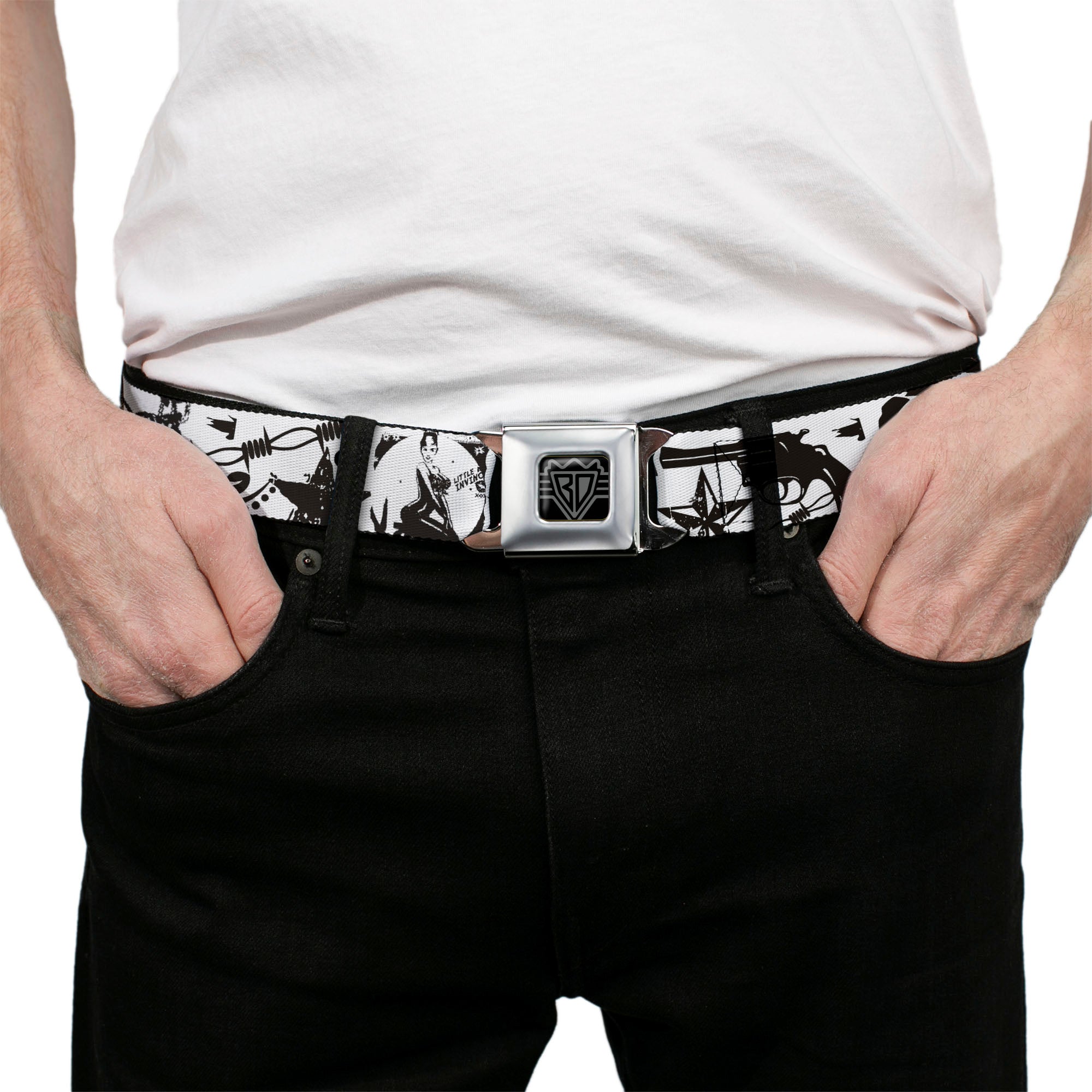 BD Wings Logo CLOSE-UP Full Color Black Silver Seatbelt Belt - Madness White/Black Webbing Seatbelt Belts Buckle-Down