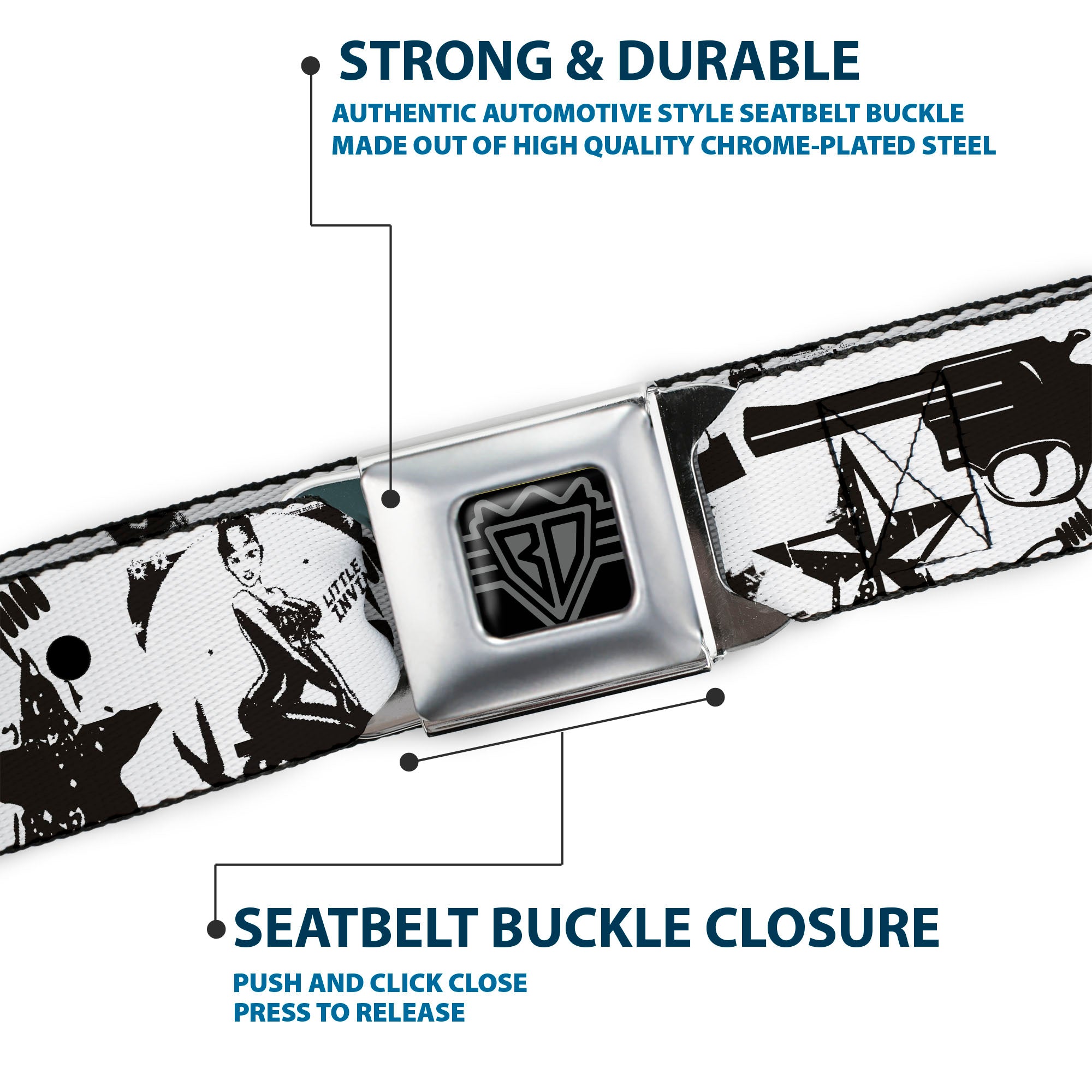 BD Wings Logo CLOSE-UP Full Color Black Silver Seatbelt Belt - Madness White/Black Webbing Seatbelt Belts Buckle-Down