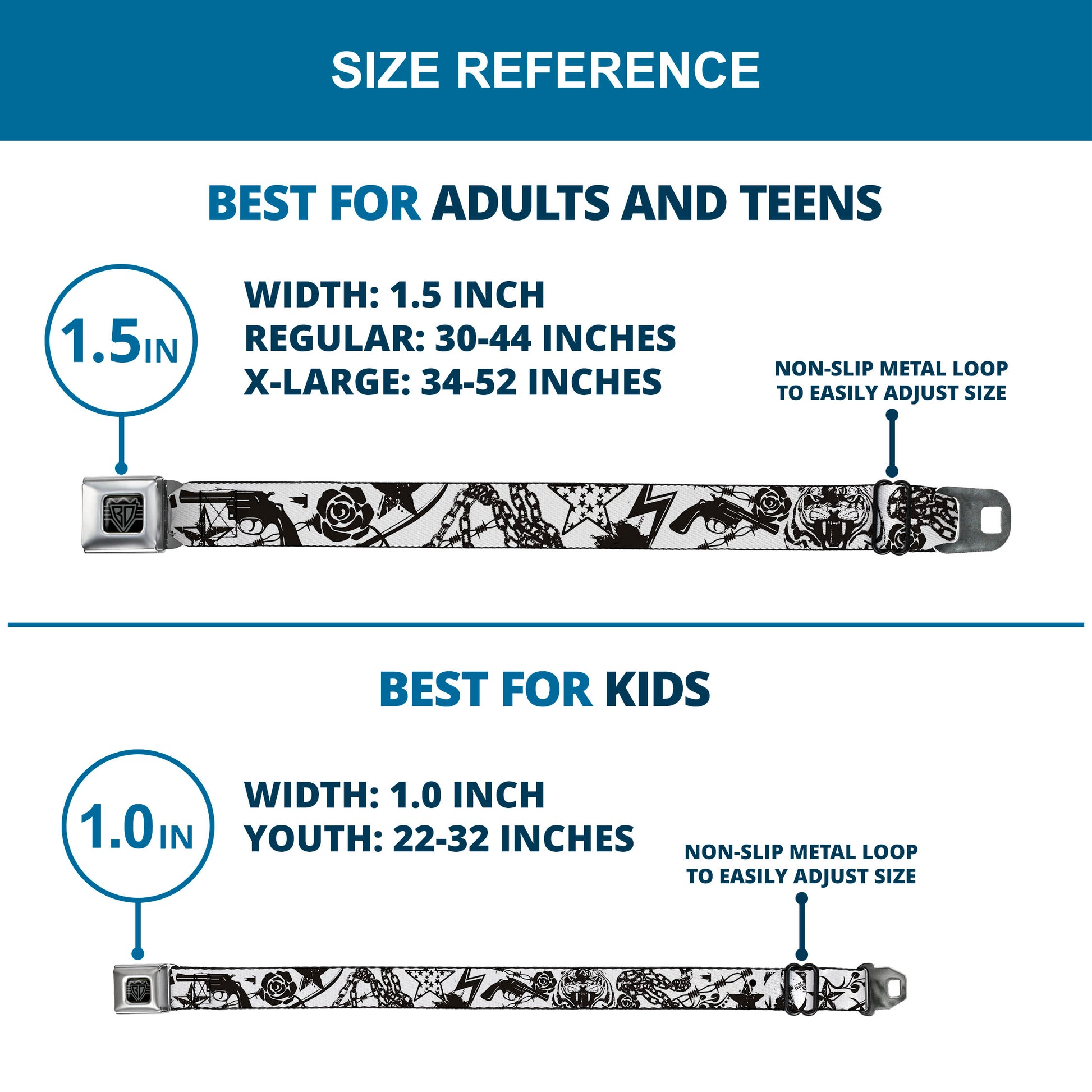 BD Wings Logo CLOSE-UP Full Color Black Silver Seatbelt Belt - Madness White/Black Webbing Seatbelt Belts Buckle-Down