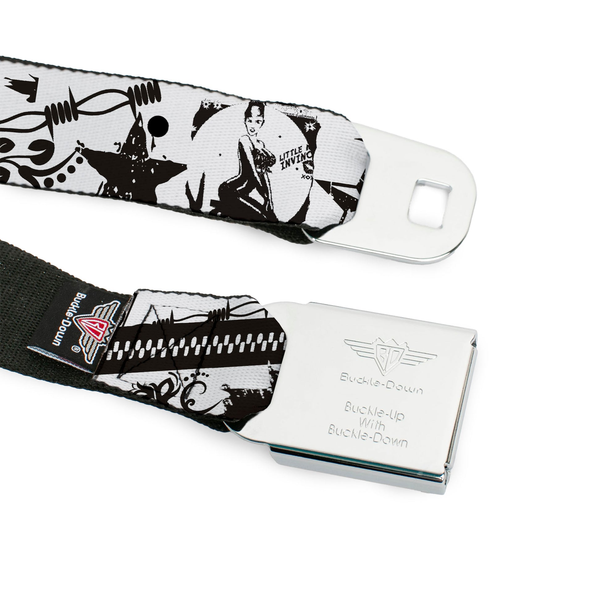 BD Wings Logo CLOSE-UP Full Color Black Silver Seatbelt Belt - Madness White/Black Webbing Seatbelt Belts Buckle-Down