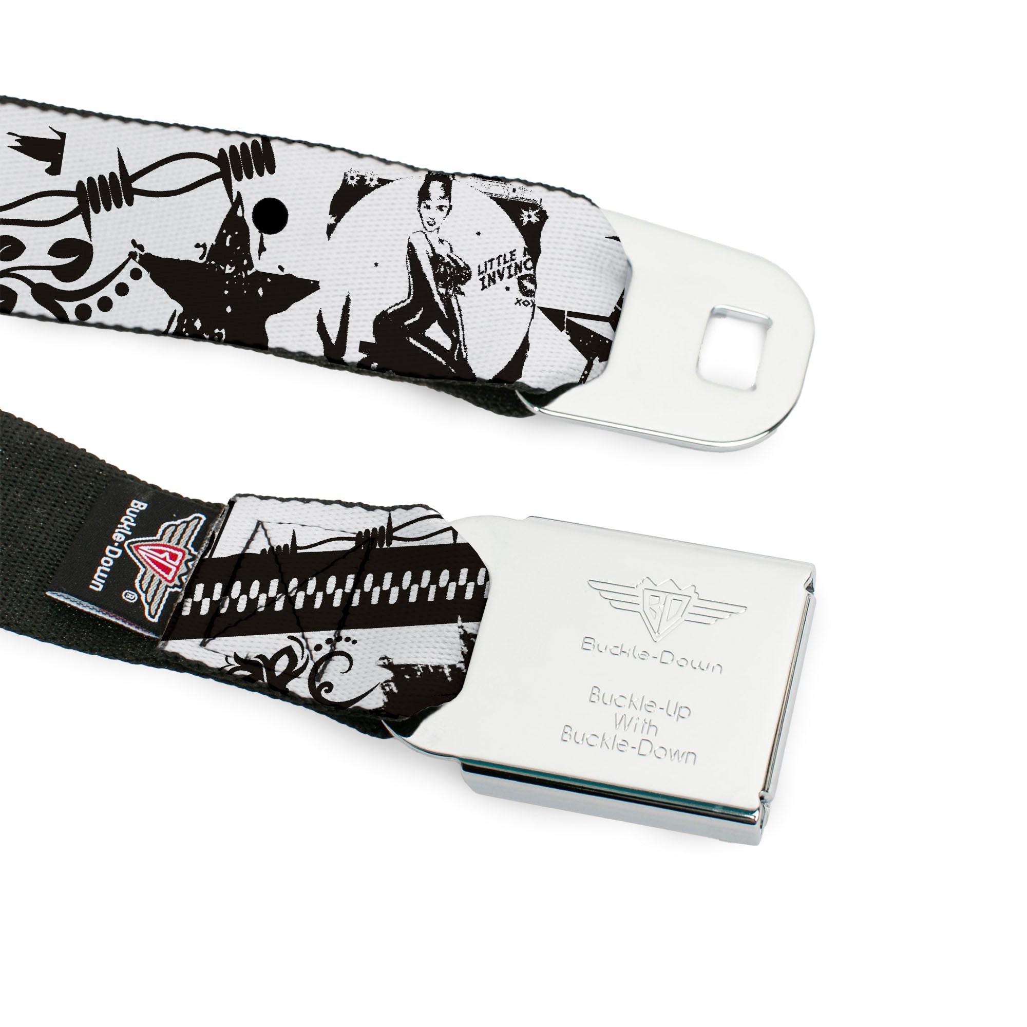BD Wings Logo CLOSE-UP Full Color Black Silver Seatbelt Belt - Madness White/Black Webbing Seatbelt Belts Buckle-Down