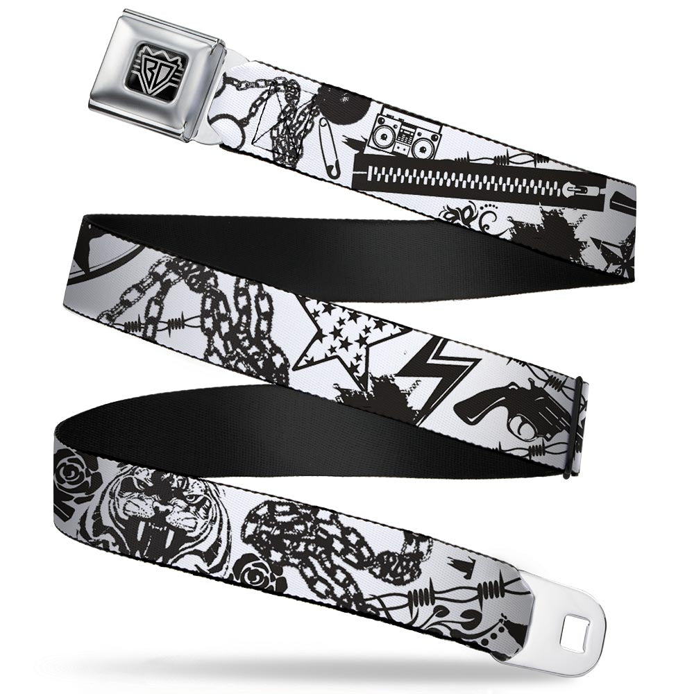 BD Wings Logo CLOSE-UP Full Color Black Silver Seatbelt Belt - Madness White/Black Webbing Seatbelt Belts Buckle-Down