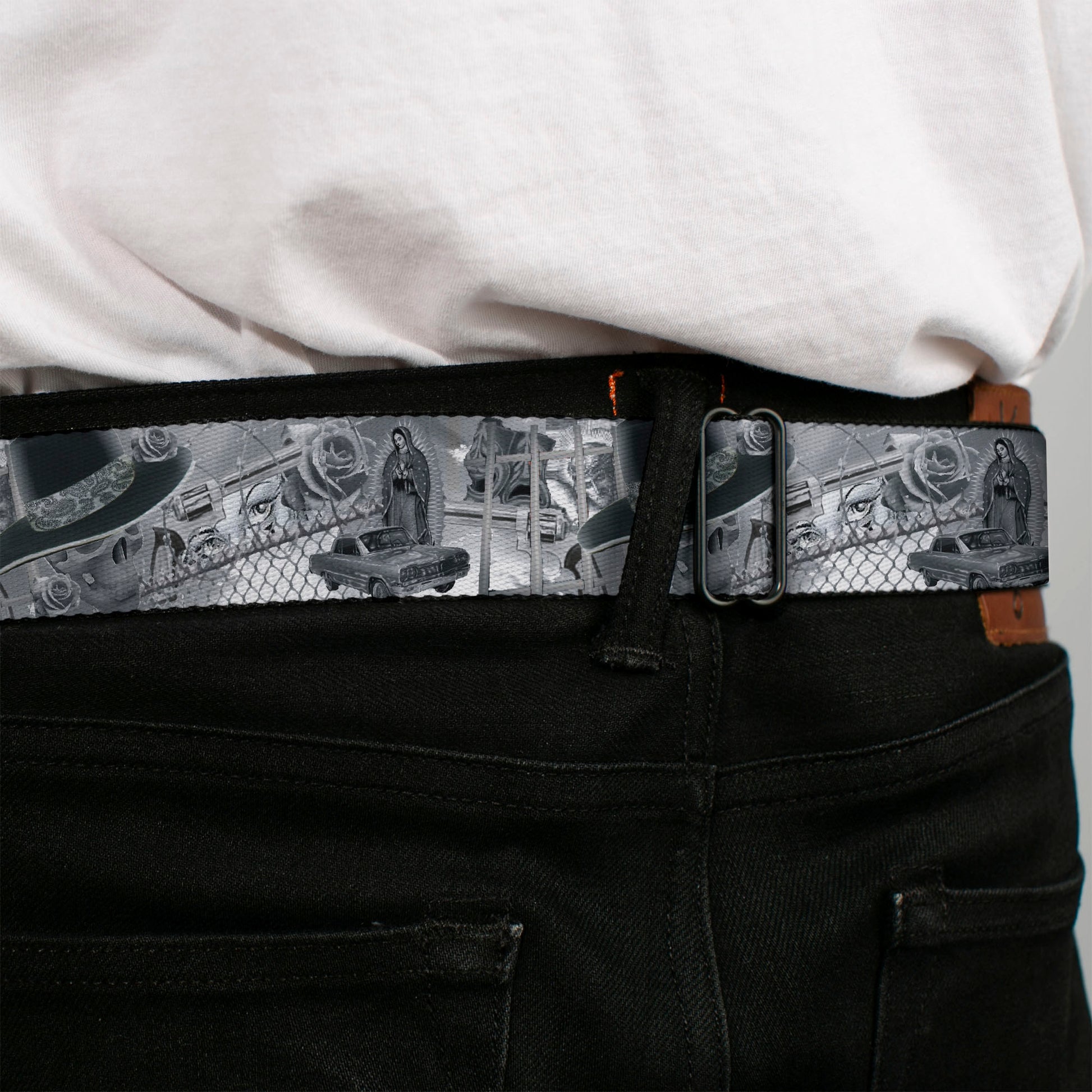 BD Wings Logo CLOSE-UP Full Color Black Silver Seatbelt Belt - Mi Vida Loca Webbing Seatbelt Belts Buckle-Down