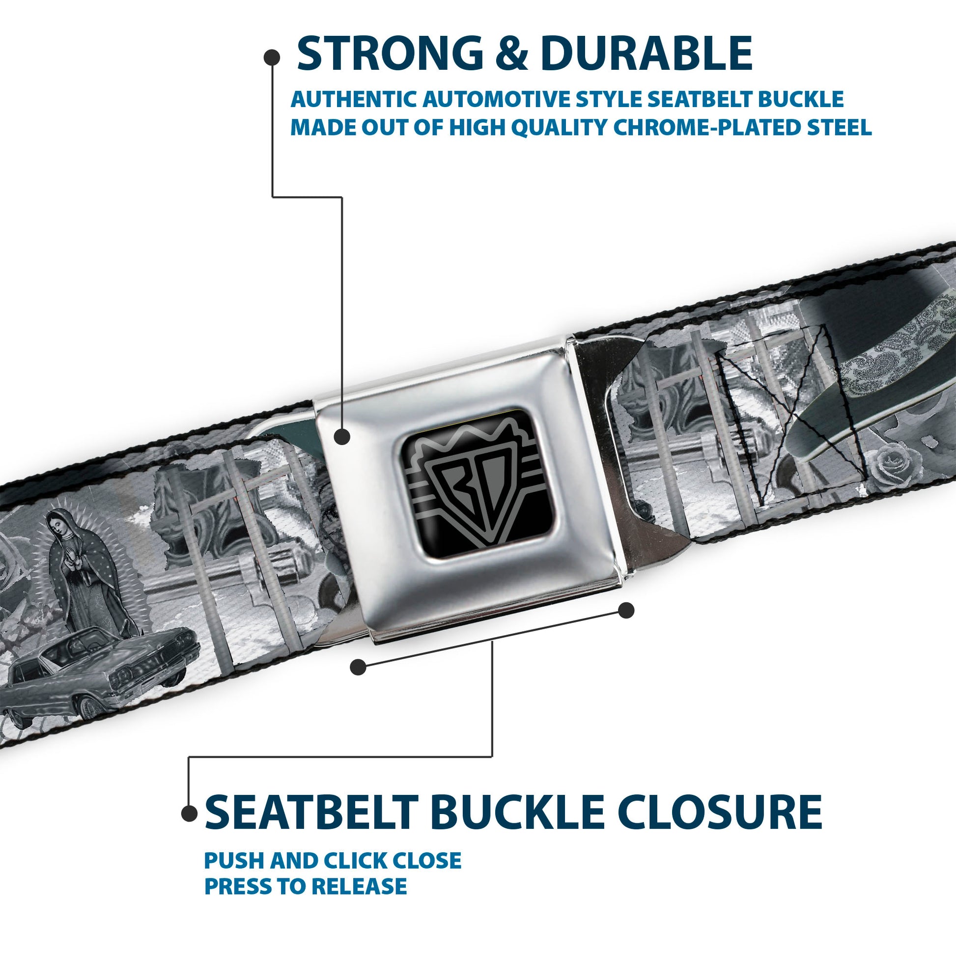 BD Wings Logo CLOSE-UP Full Color Black Silver Seatbelt Belt - Mi Vida Loca Webbing Seatbelt Belts Buckle-Down