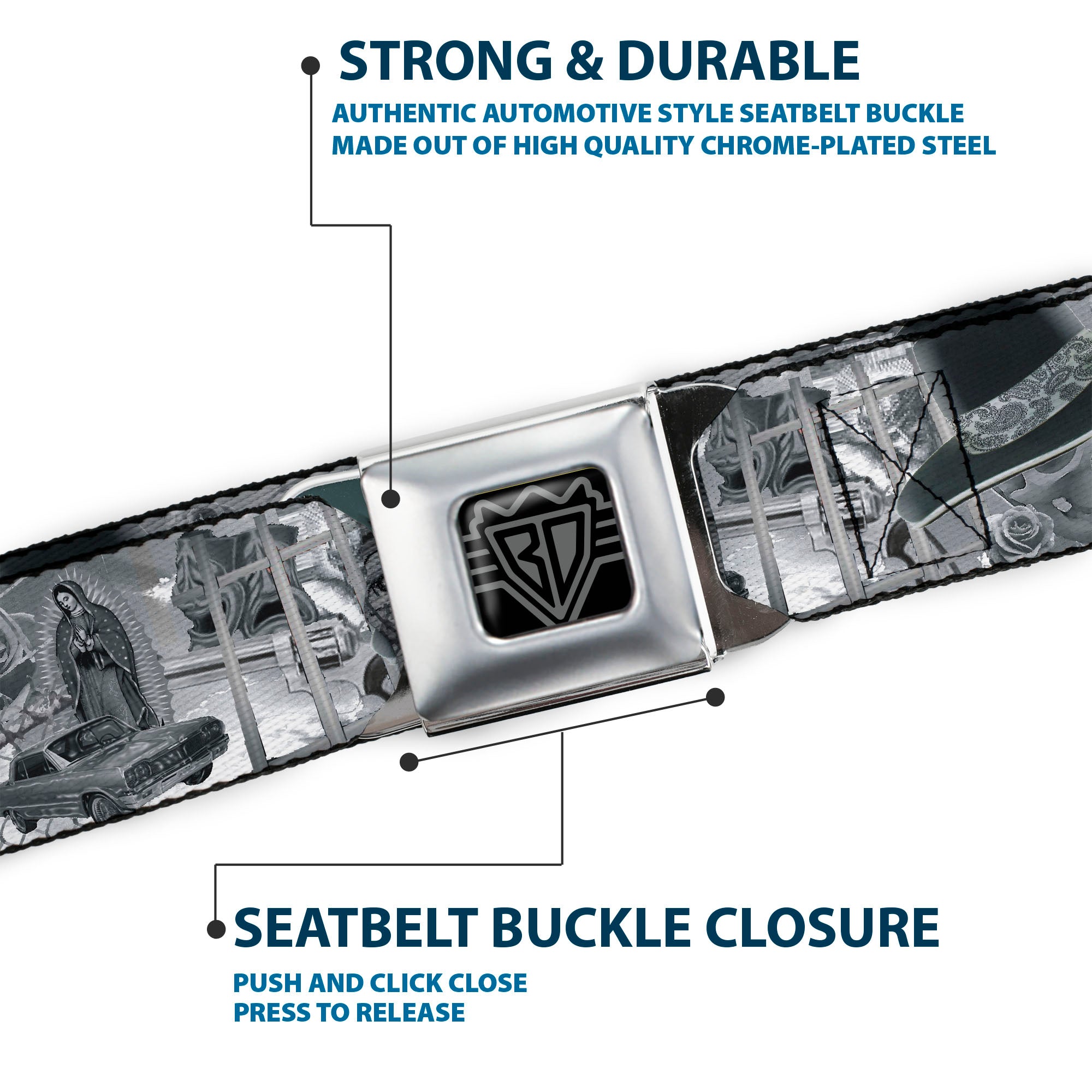 BD Wings Logo CLOSE-UP Full Color Black Silver Seatbelt Belt - Mi Vida Loca Webbing Seatbelt Belts Buckle-Down