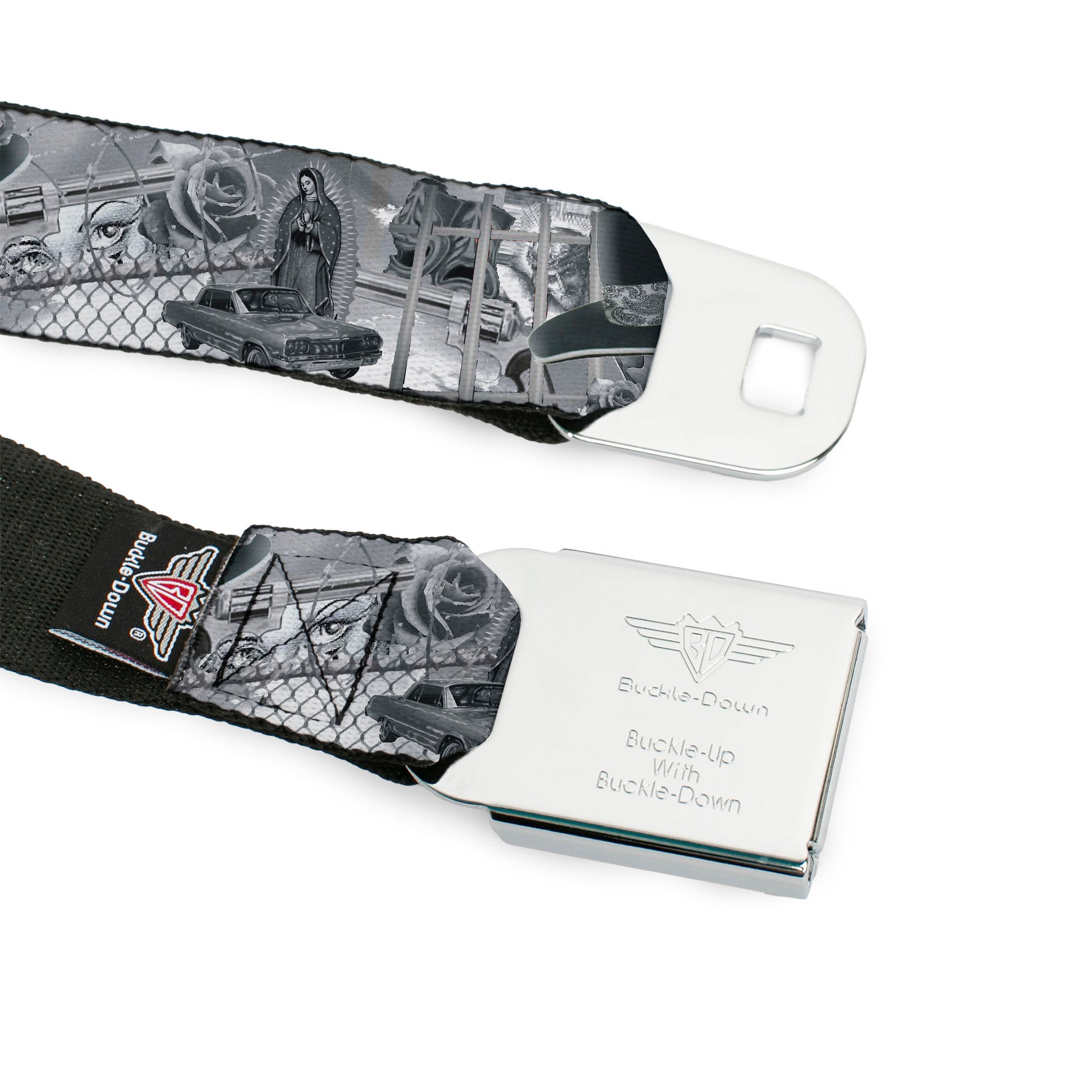 BD Wings Logo CLOSE-UP Full Color Black Silver Seatbelt Belt - Mi Vida Loca Webbing Seatbelt Belts Buckle-Down