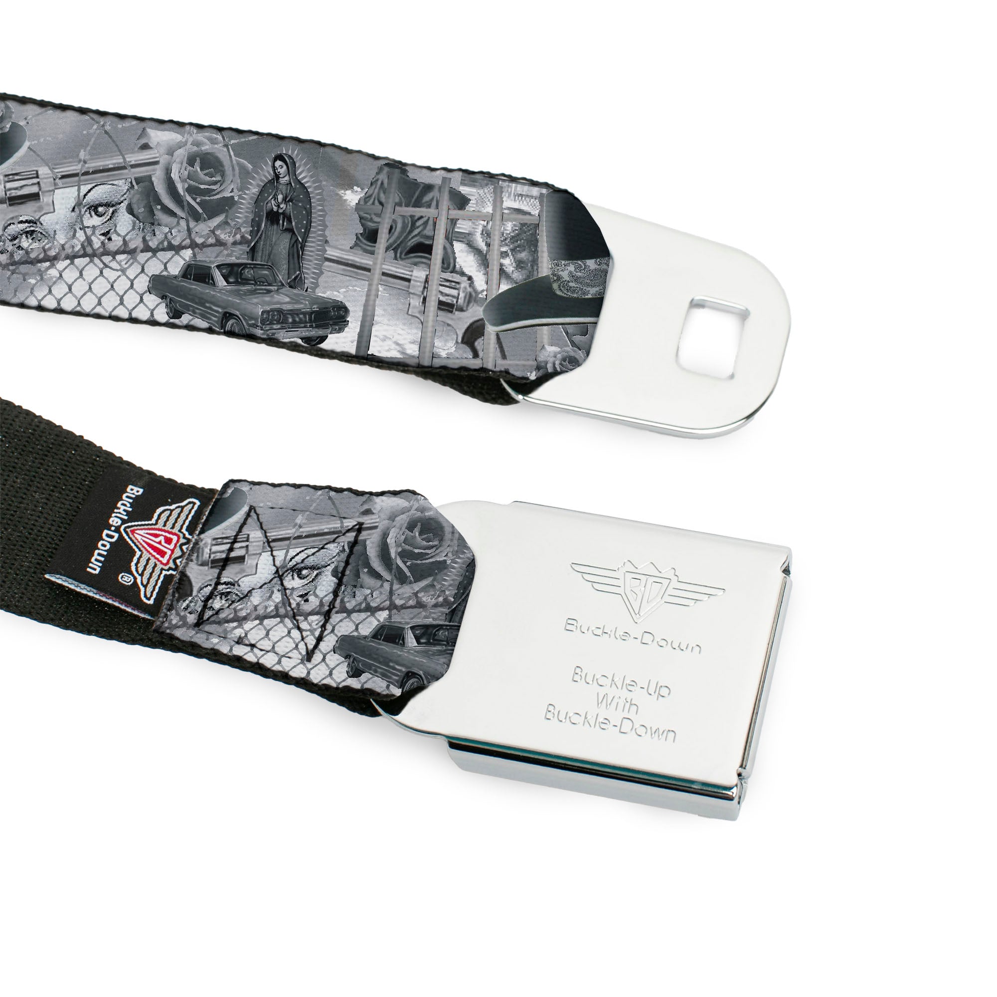 BD Wings Logo CLOSE-UP Full Color Black Silver Seatbelt Belt - Mi Vida Loca Webbing Seatbelt Belts Buckle-Down