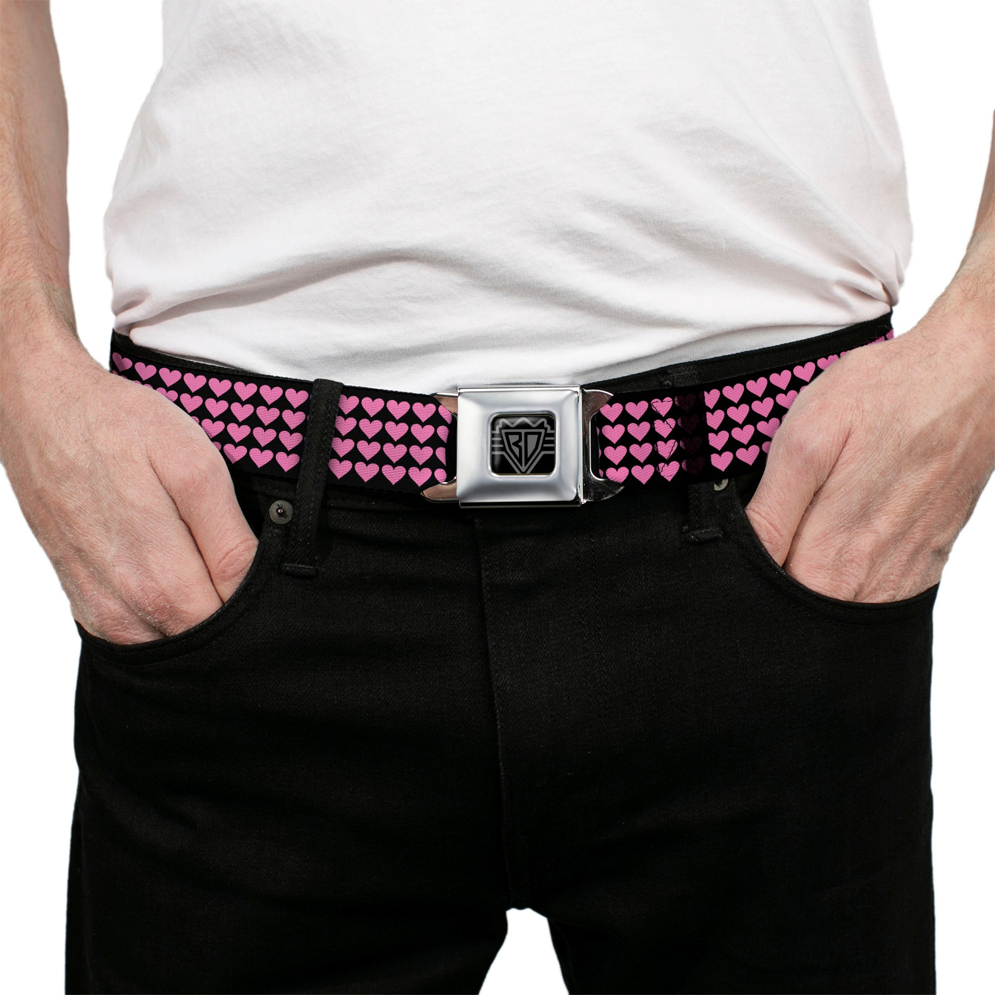 BD Wings Logo CLOSE-UP Full Color Black Silver Seatbelt Belt - Mini Hearts Black/Pink Webbing Seatbelt Belts Buckle-Down