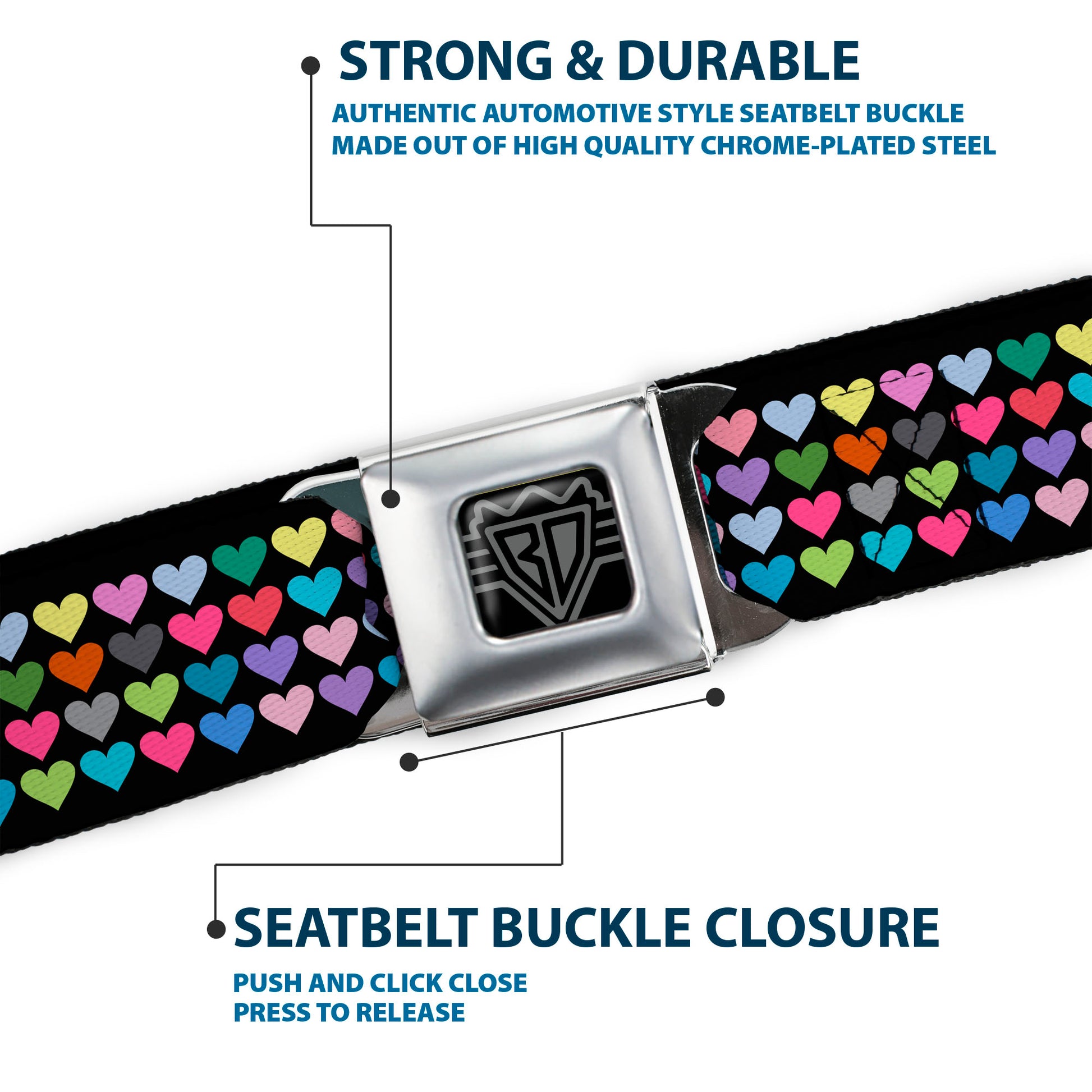 BD Wings Logo CLOSE-UP Full Color Black Silver Seatbelt Belt - Mini Hearts Black/Multi Color Webbing Seatbelt Belts Buckle-Down