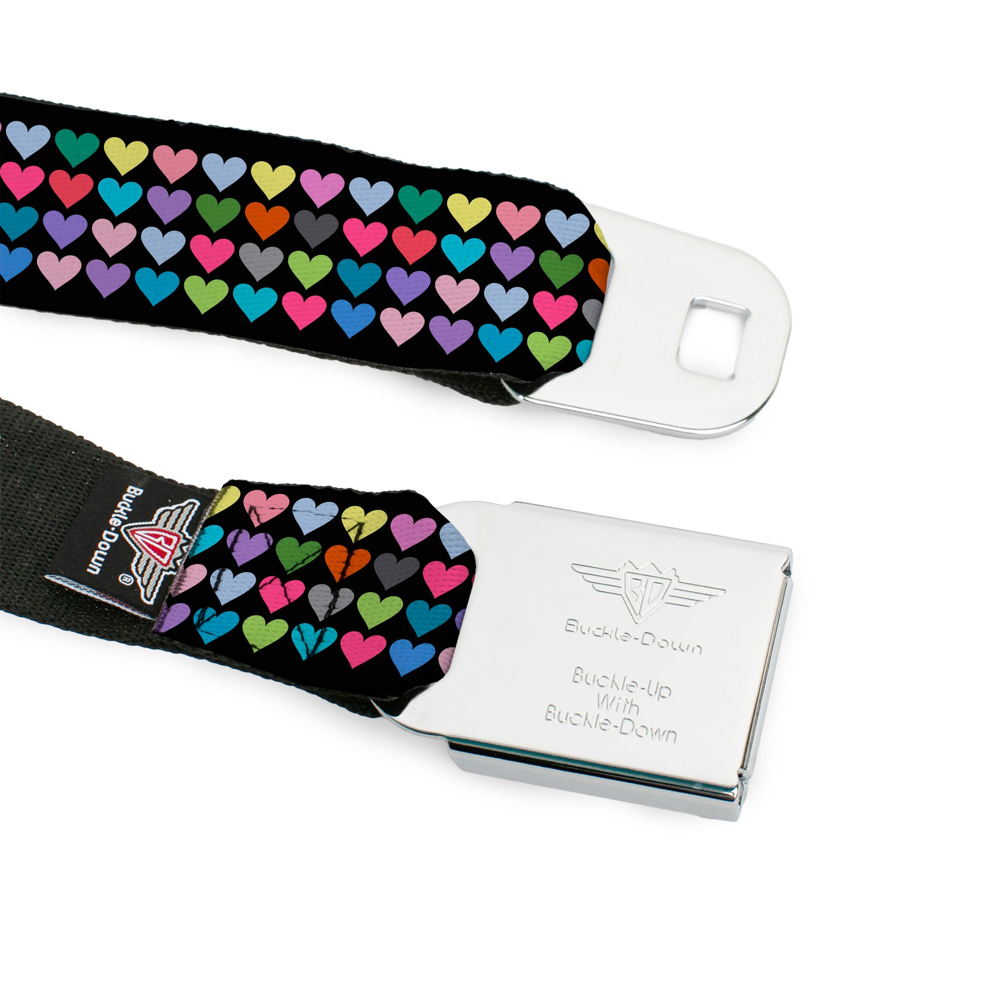 BD Wings Logo CLOSE-UP Full Color Black Silver Seatbelt Belt - Mini Hearts Black/Multi Color Webbing Seatbelt Belts Buckle-Down