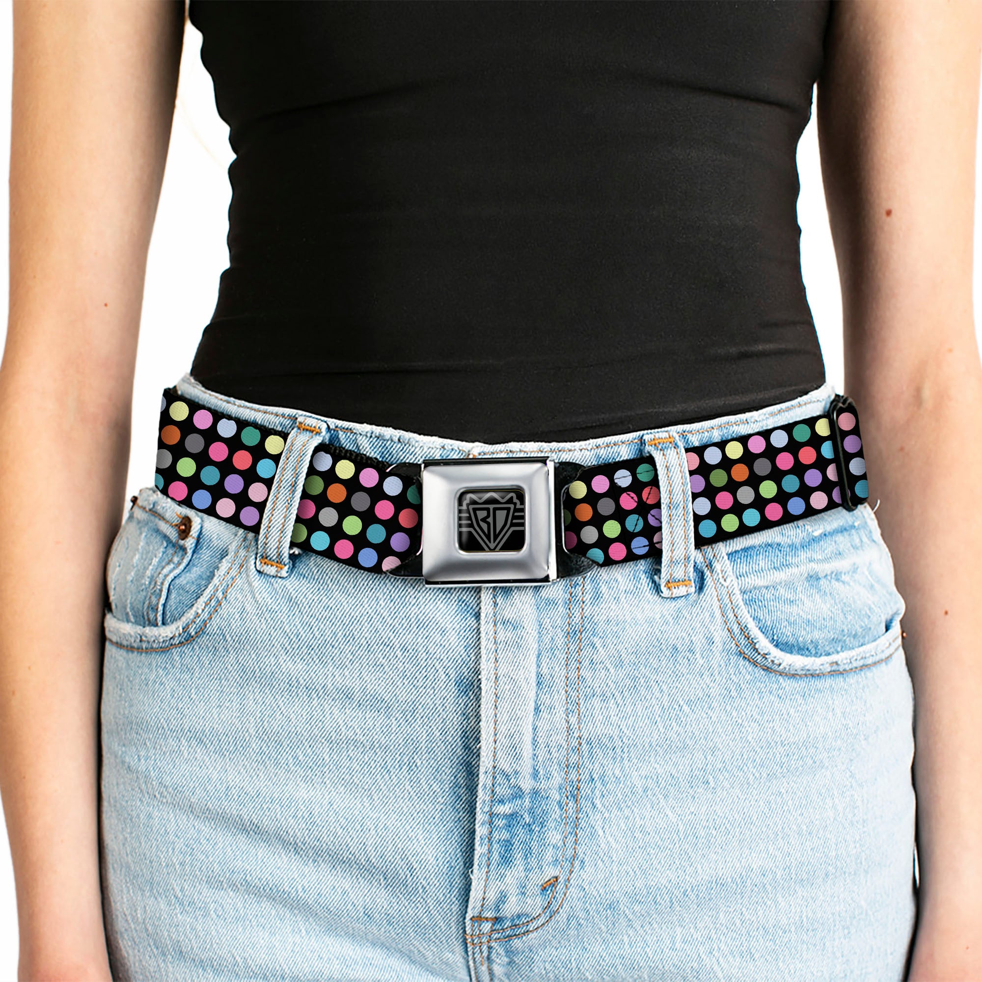 BD Wings Logo CLOSE-UP Full Color Black Silver Seatbelt Belt - Mini Polka Dots Black/Multi Color Webbing Seatbelt Belts Buckle-Down