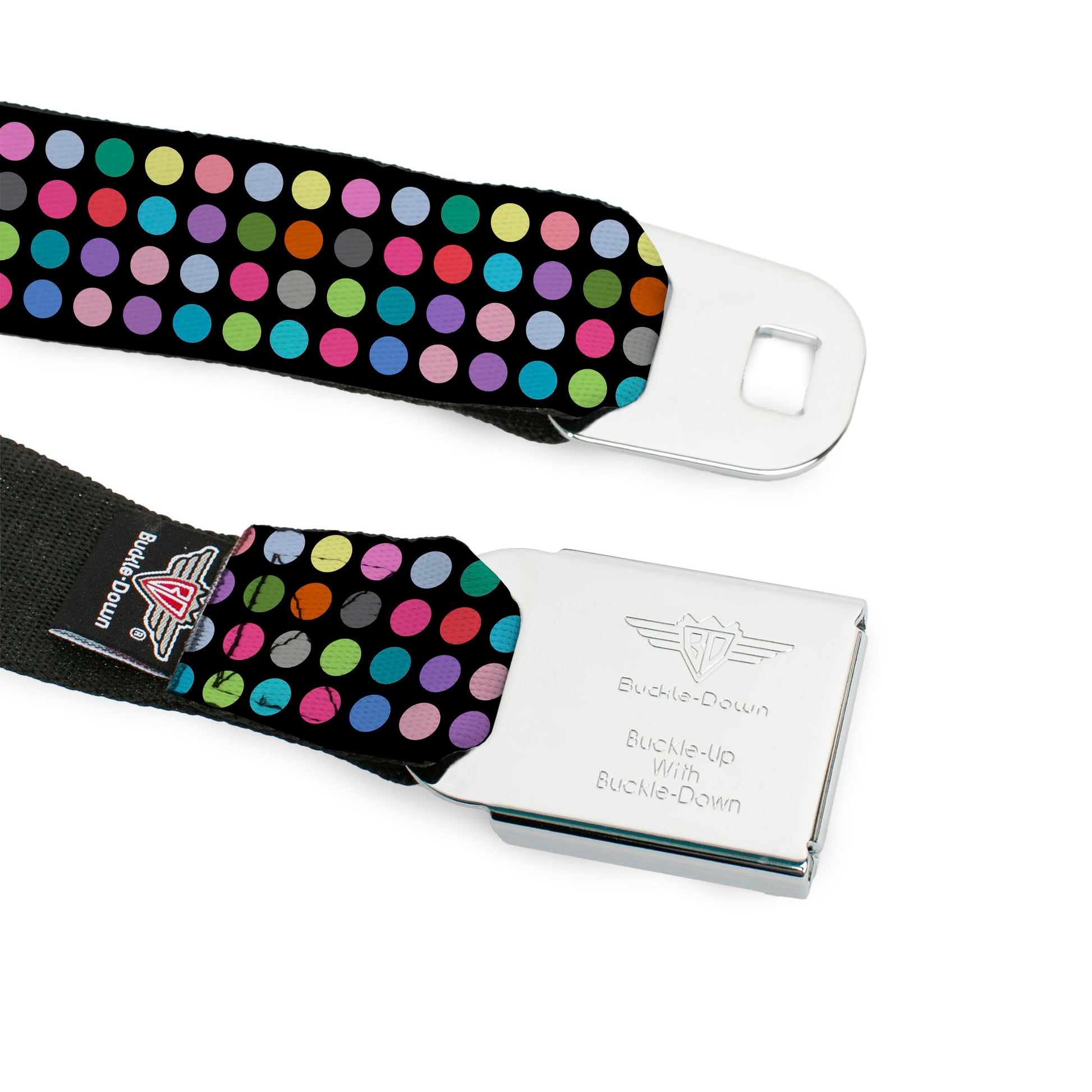 BD Wings Logo CLOSE-UP Full Color Black Silver Seatbelt Belt - Mini Polka Dots Black/Multi Color Webbing Seatbelt Belts Buckle-Down