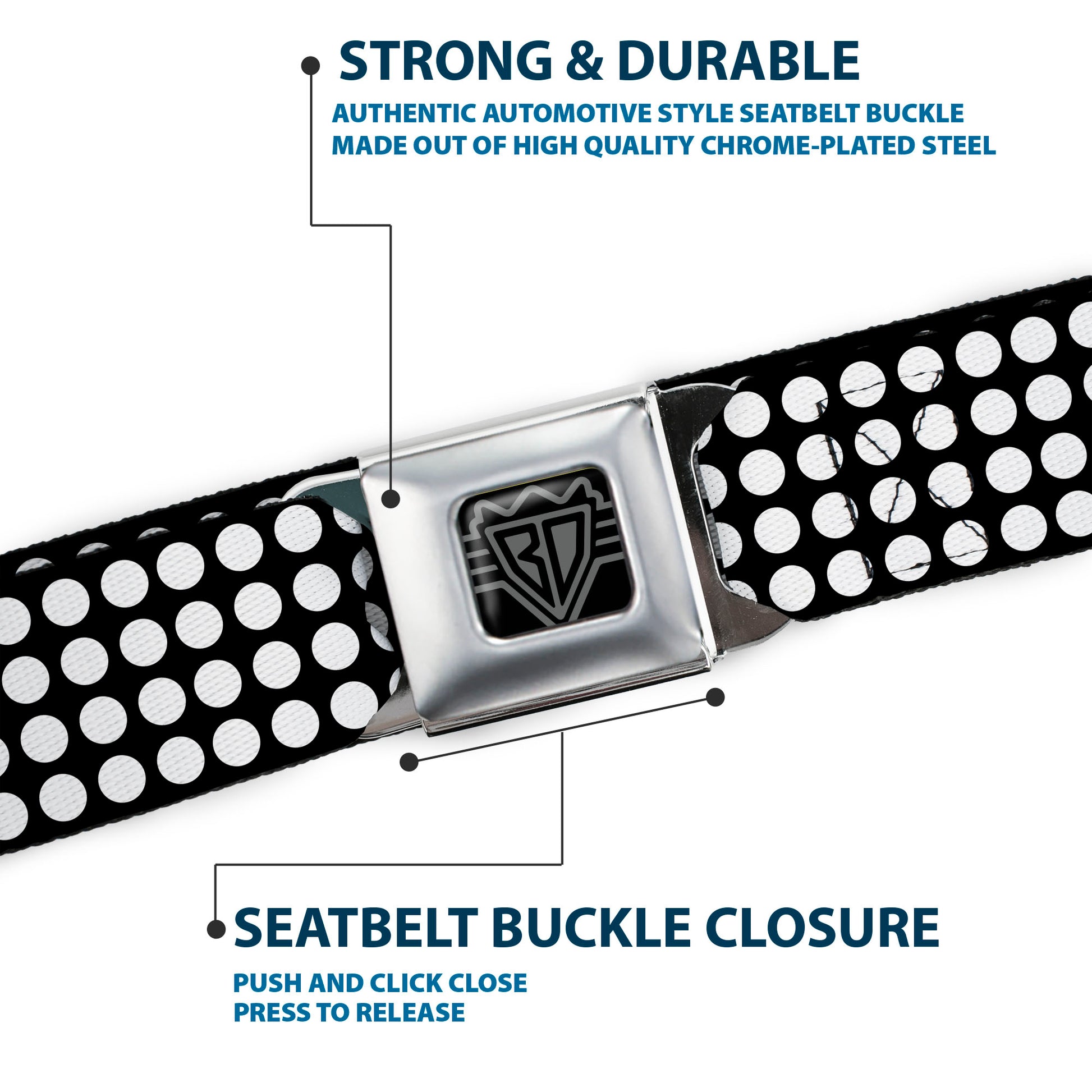 BD Wings Logo CLOSE-UP Full Color Black Silver Seatbelt Belt - Mini Polka Dots Black/White Webbing Seatbelt Belts Buckle-Down