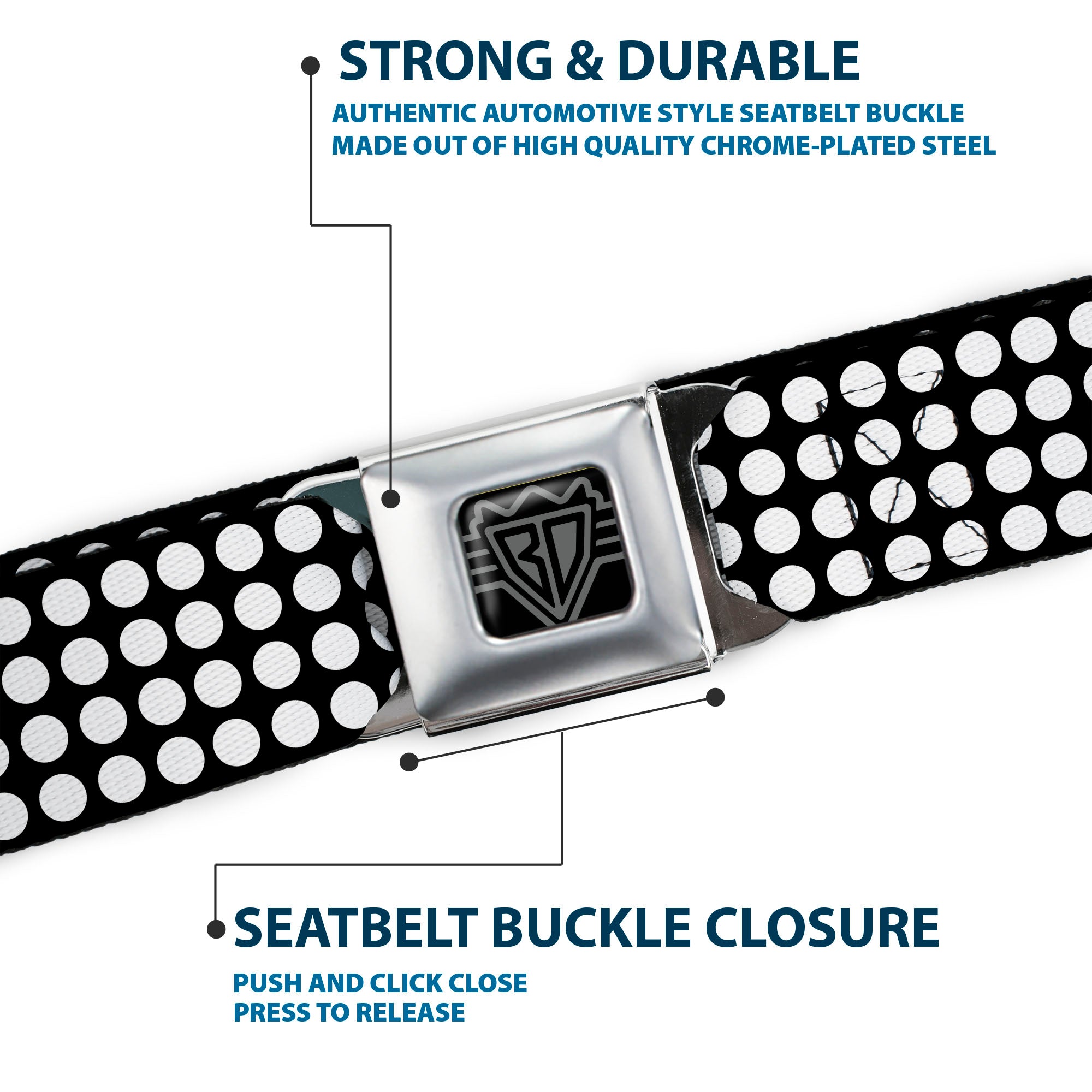 BD Wings Logo CLOSE-UP Full Color Black Silver Seatbelt Belt - Mini Polka Dots Black/White Webbing Seatbelt Belts Buckle-Down