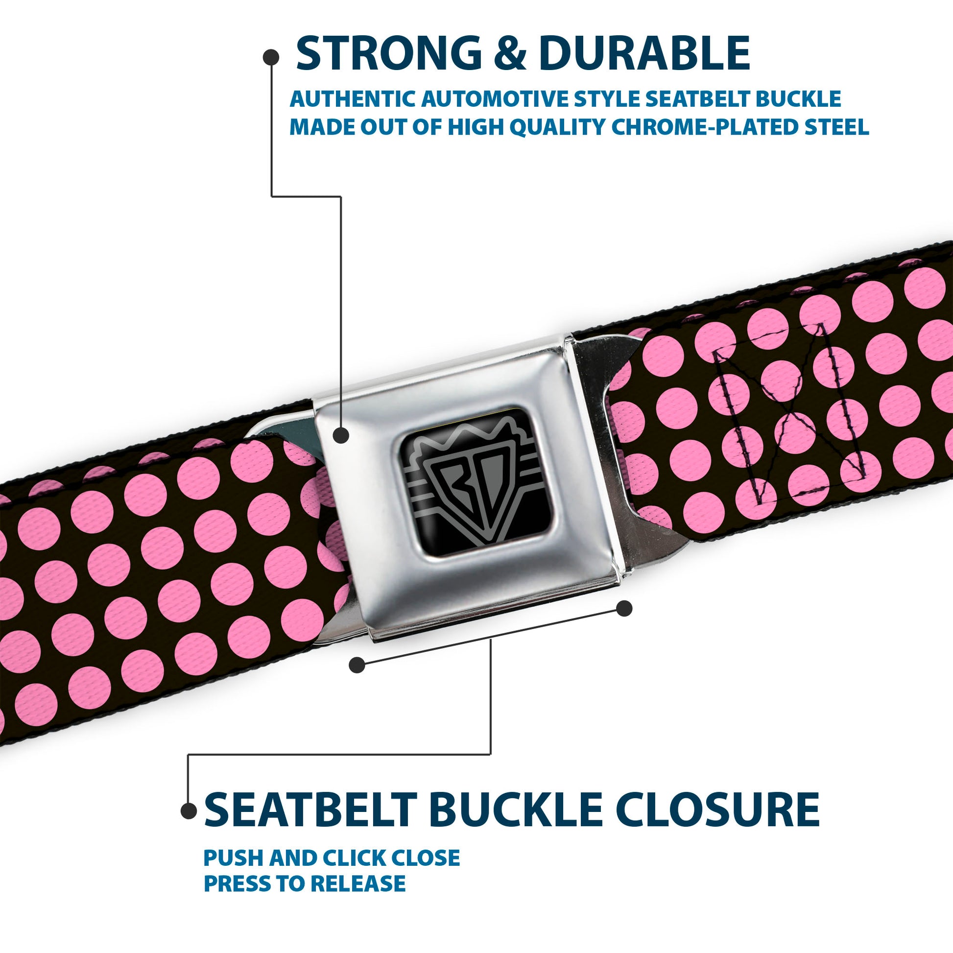 BD Wings Logo CLOSE-UP Full Color Black Silver Seatbelt Belt - Mini Polka Dots Black/Pink Webbing Seatbelt Belts Buckle-Down