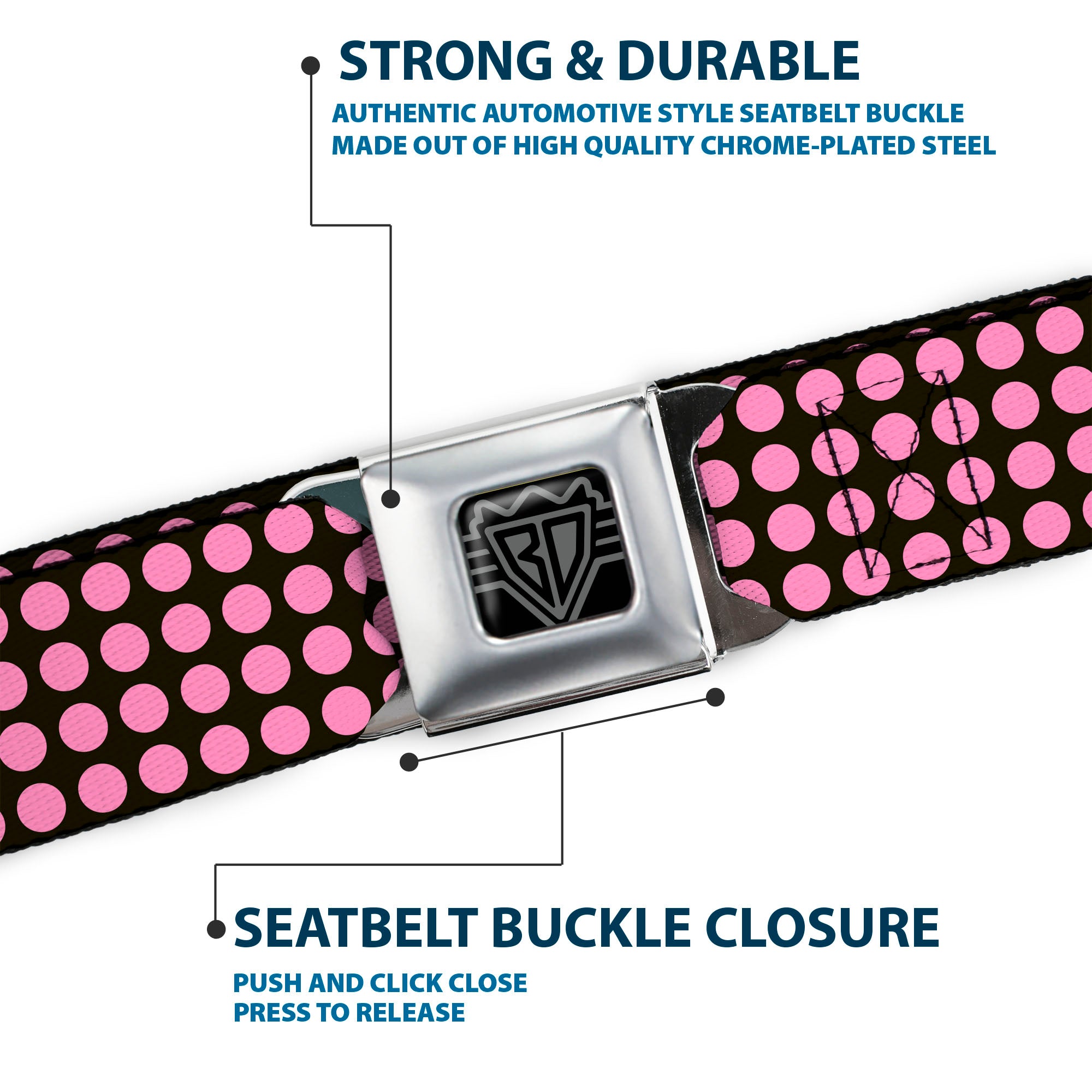 BD Wings Logo CLOSE-UP Full Color Black Silver Seatbelt Belt - Mini Polka Dots Black/Pink Webbing Seatbelt Belts Buckle-Down