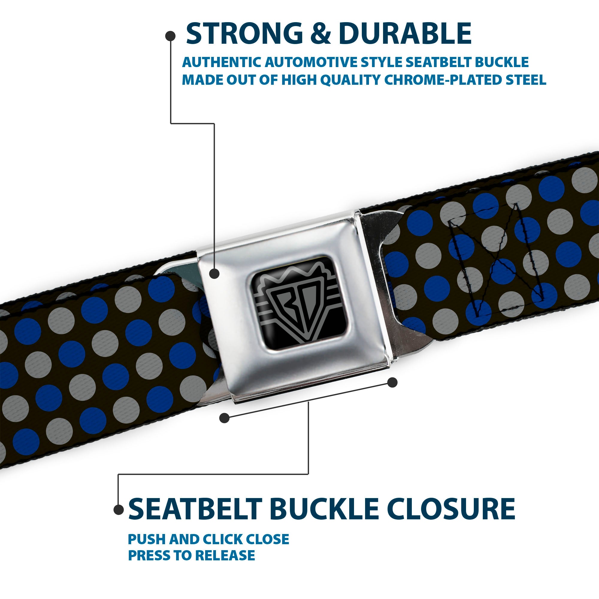BD Wings Logo CLOSE-UP Full Color Black Silver Seatbelt Belt - Mini Polka Dots Black/Blue/Gray Webbing Seatbelt Belts Buckle-Down