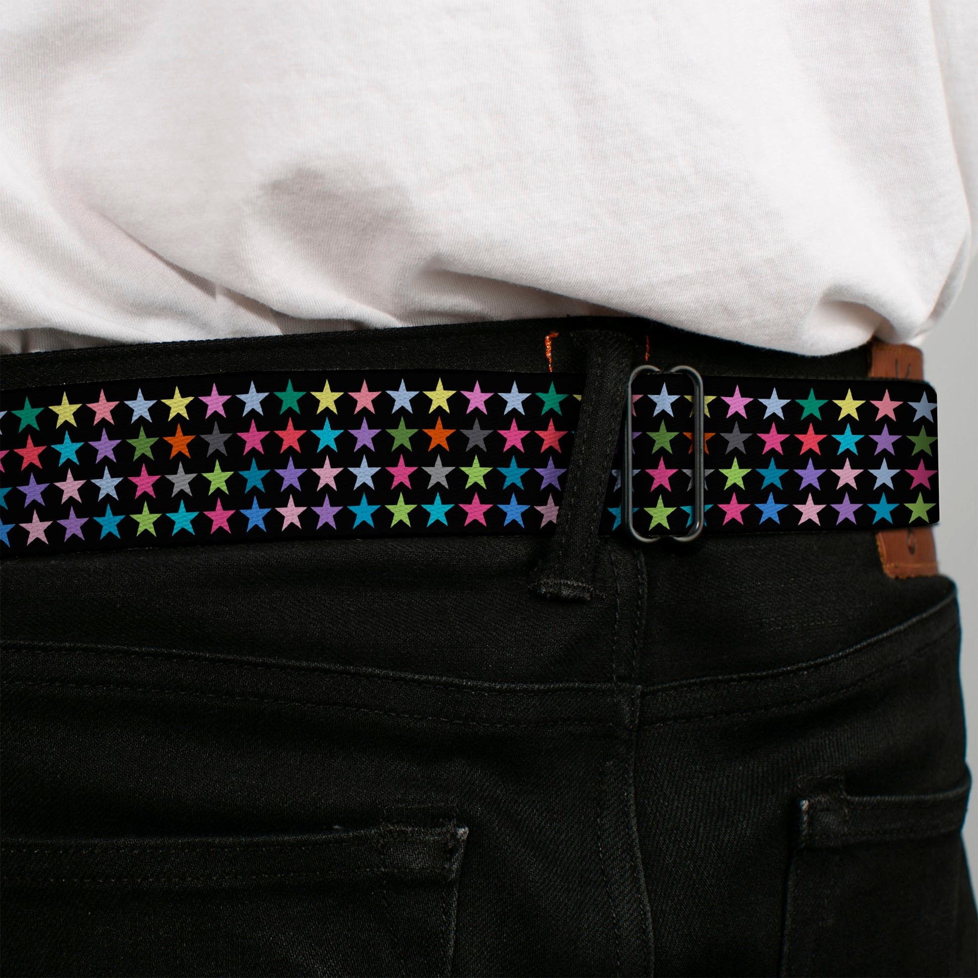 BD Wings Logo CLOSE-UP Full Color Black Silver Seatbelt Belt - Mini Stars Black/Multi Color Webbing Seatbelt Belts Buckle-Down