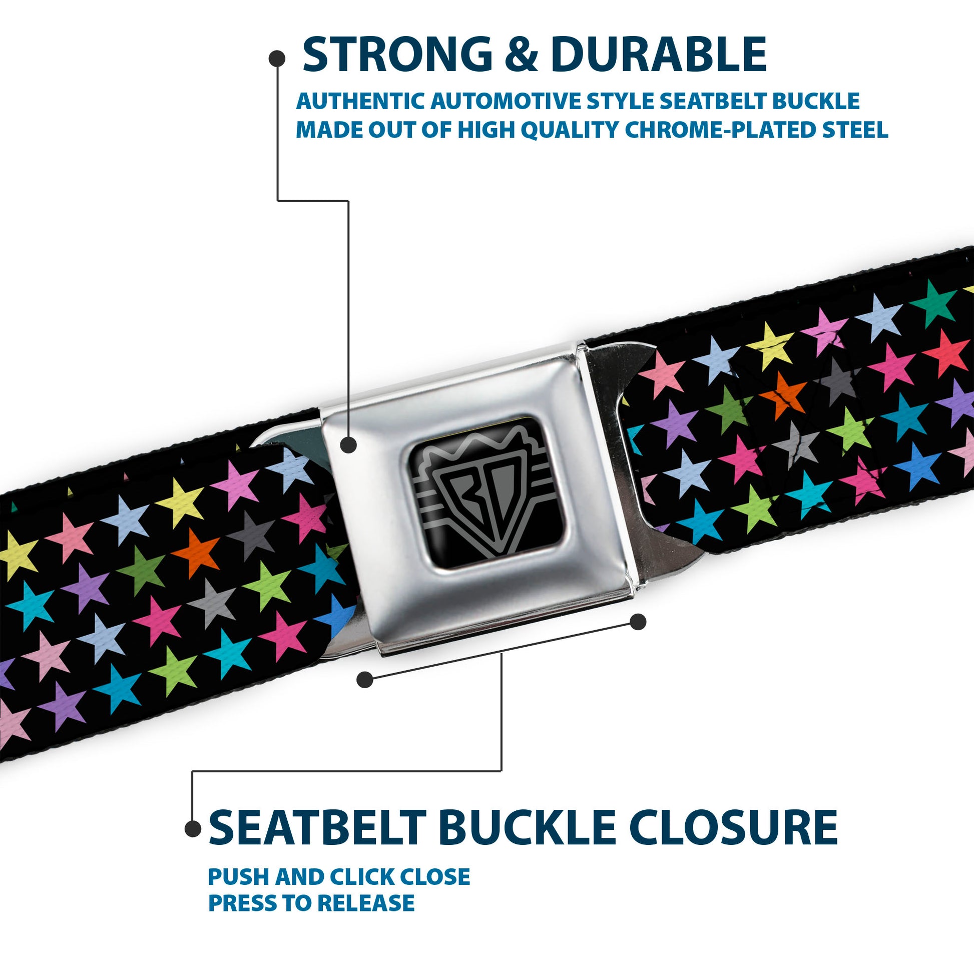 BD Wings Logo CLOSE-UP Full Color Black Silver Seatbelt Belt - Mini Stars Black/Multi Color Webbing Seatbelt Belts Buckle-Down