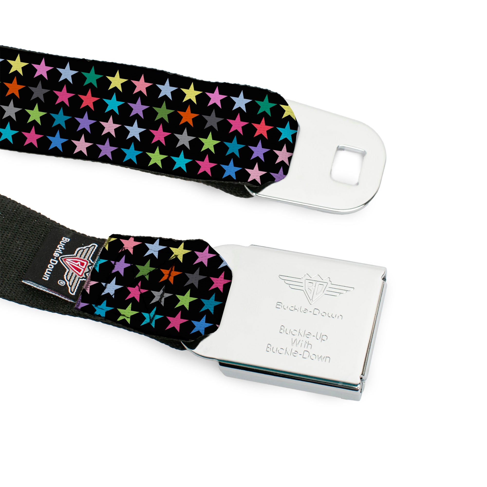 BD Wings Logo CLOSE-UP Full Color Black Silver Seatbelt Belt - Mini Stars Black/Multi Color Webbing Seatbelt Belts Buckle-Down