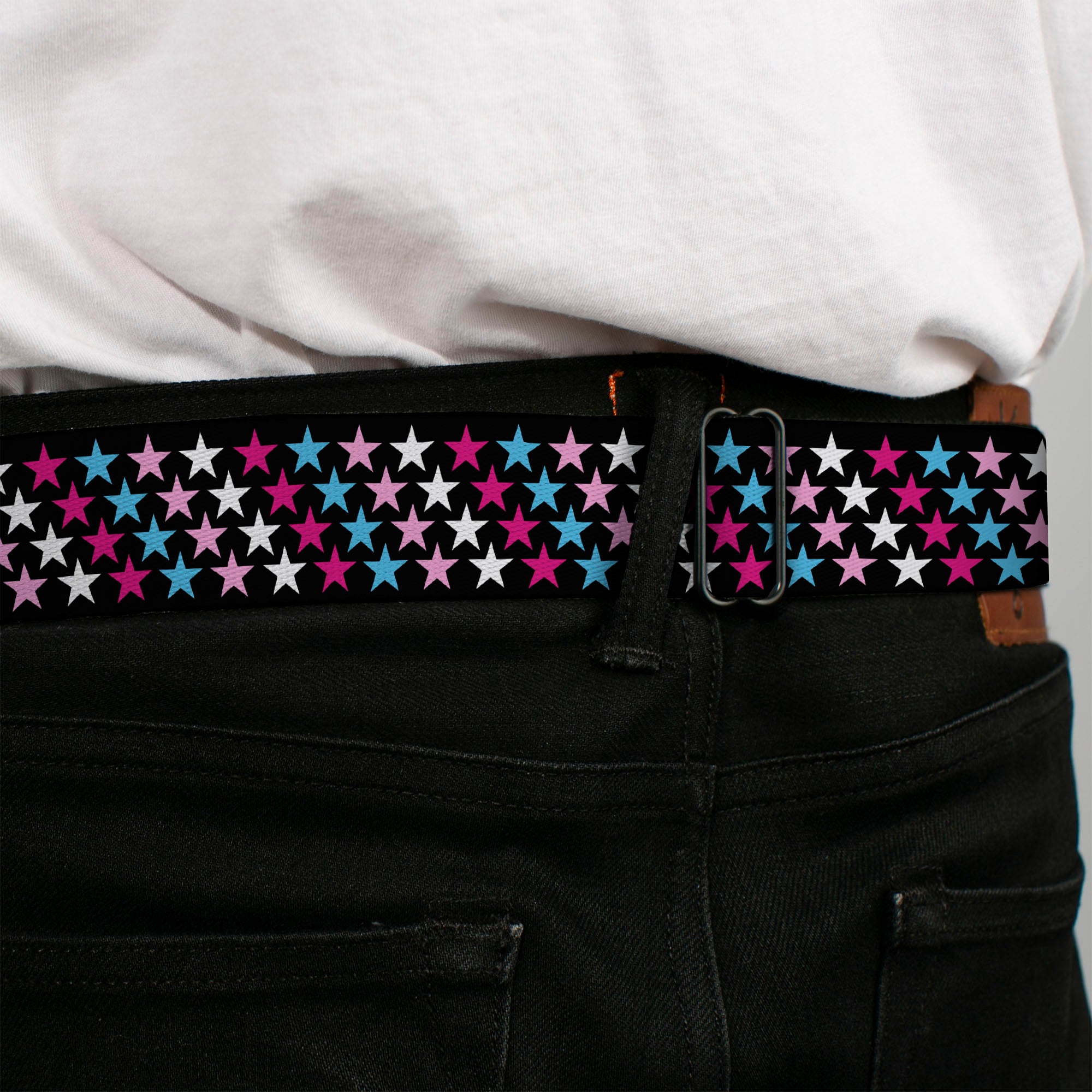 BD Wings Logo CLOSE-UP Full Color Black Silver Seatbelt Belt - Mini Stars Black/Pink/Blue/White Webbing Seatbelt Belts Buckle-Down