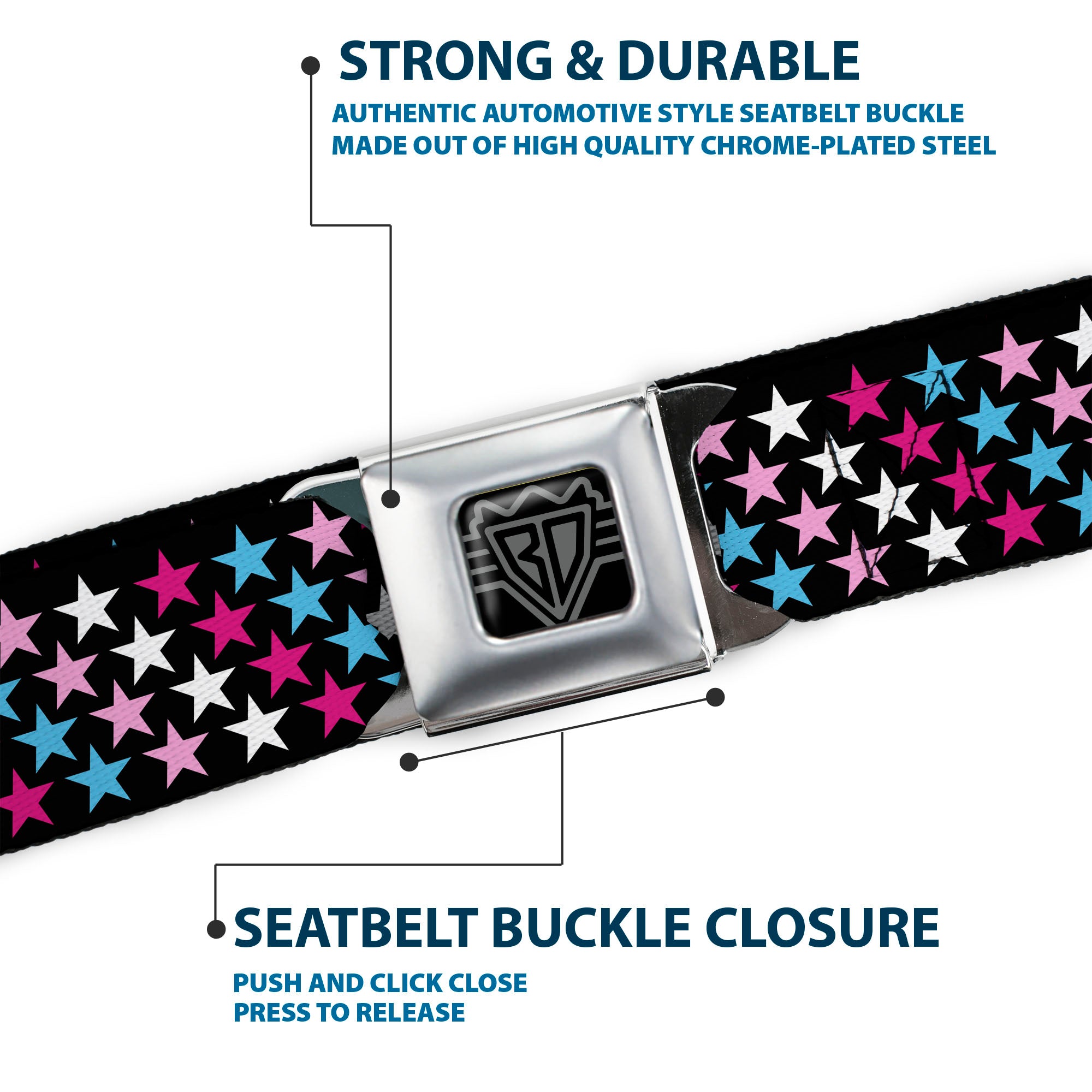 BD Wings Logo CLOSE-UP Full Color Black Silver Seatbelt Belt - Mini Stars Black/Pink/Blue/White Webbing Seatbelt Belts Buckle-Down