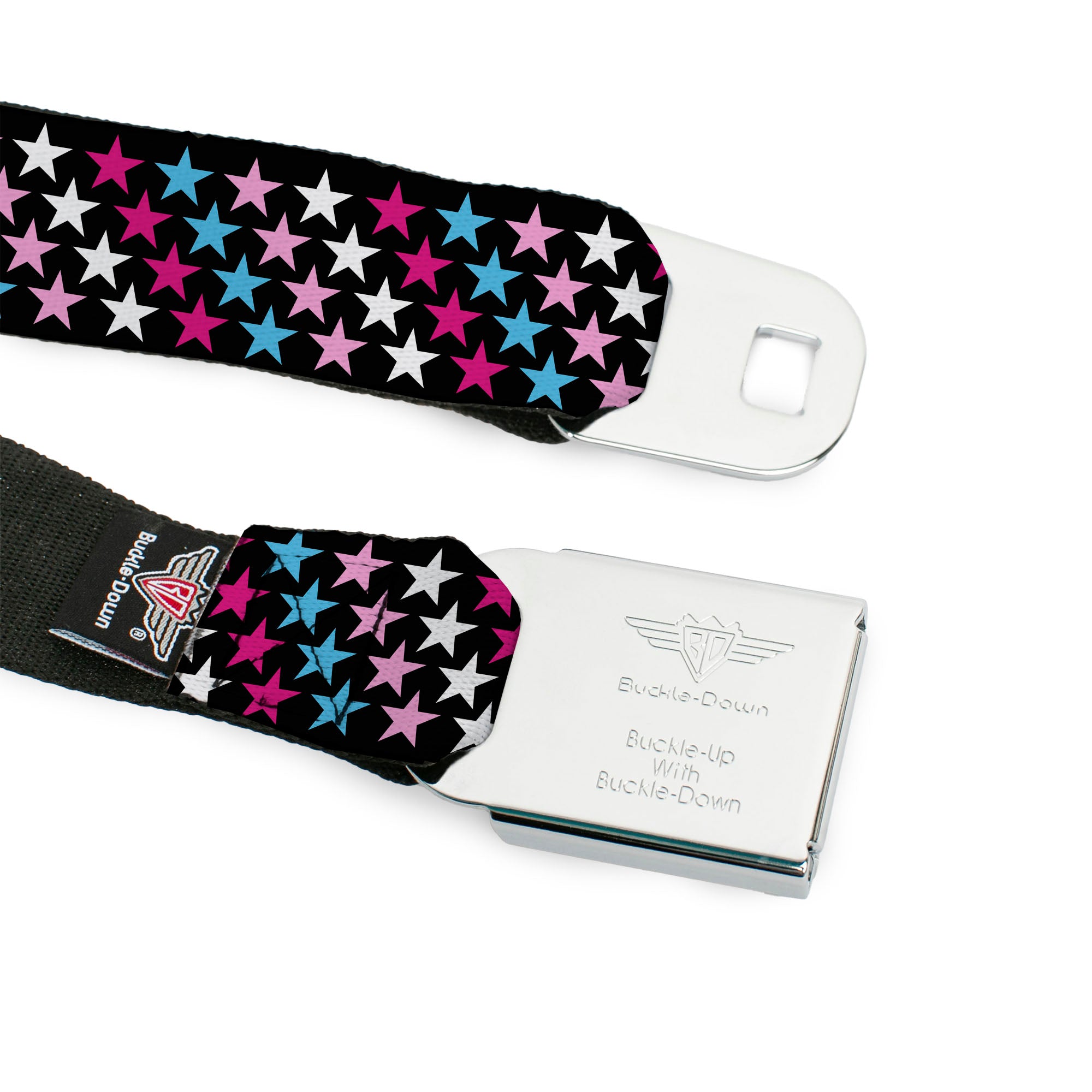 BD Wings Logo CLOSE-UP Full Color Black Silver Seatbelt Belt - Mini Stars Black/Pink/Blue/White Webbing Seatbelt Belts Buckle-Down