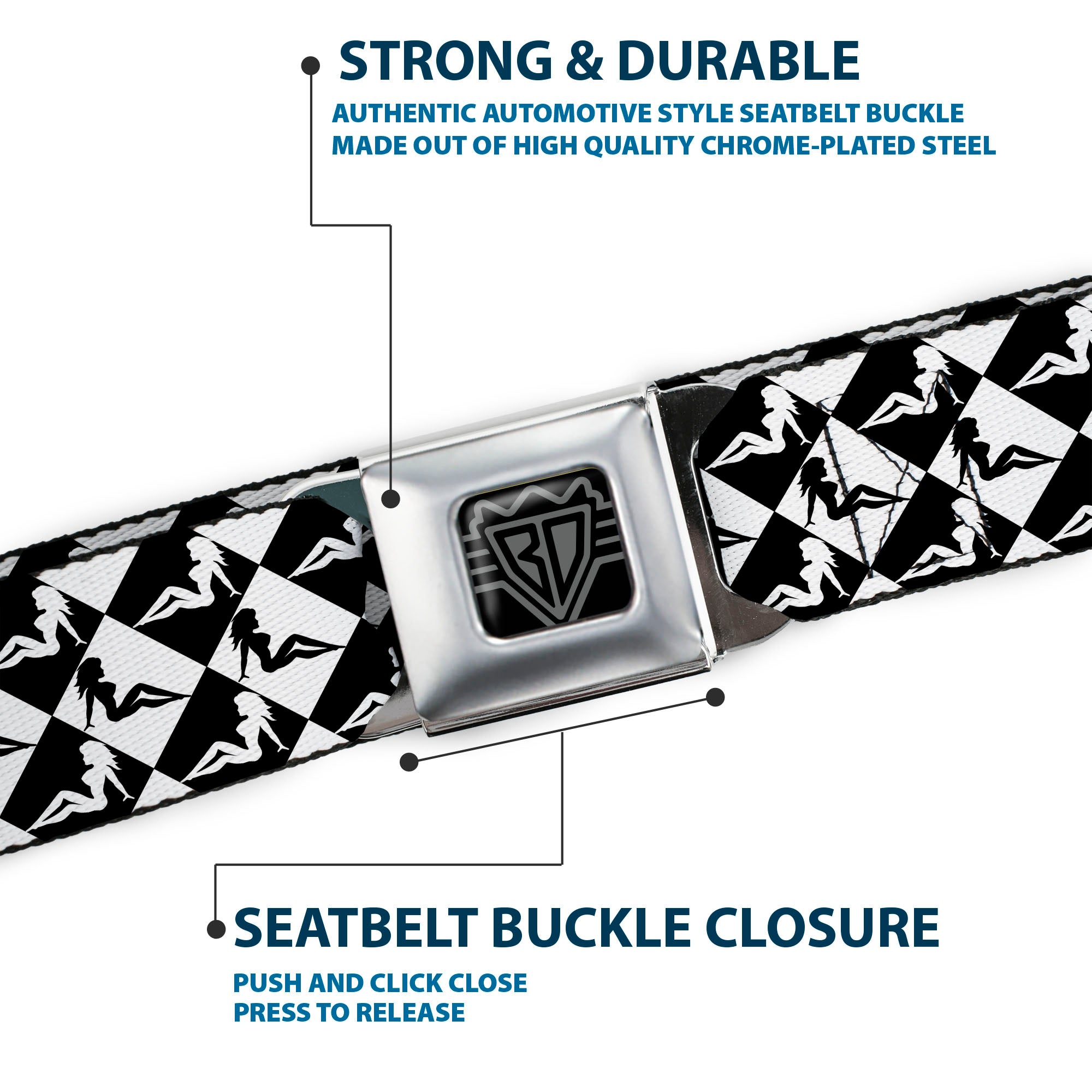 BD Wings Logo CLOSE-UP Full Color Black Silver Seatbelt Belt - Mud Flap Girl Diamonds Black/White Webbing Seatbelt Belts Buckle-Down