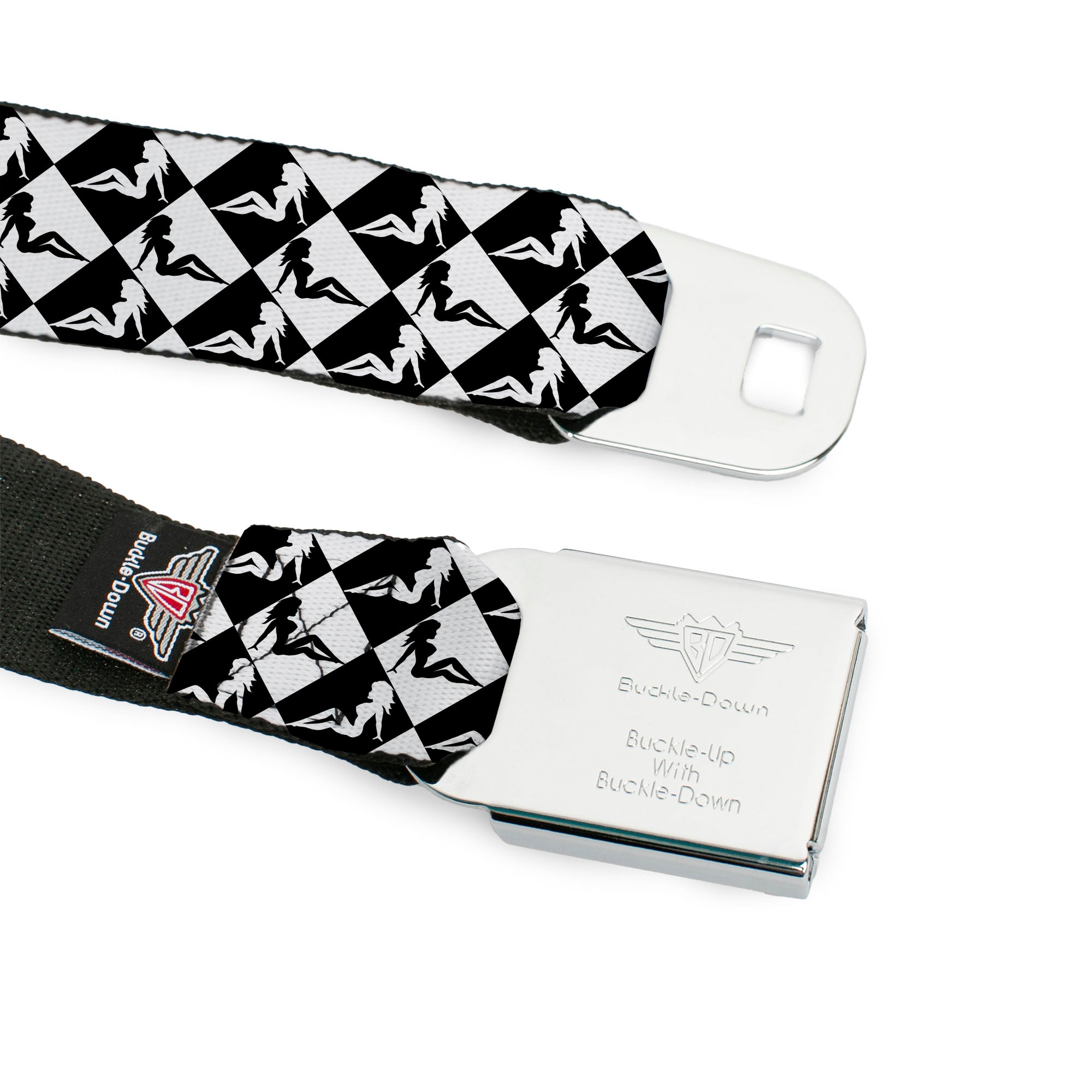 BD Wings Logo CLOSE-UP Full Color Black Silver Seatbelt Belt - Mud Flap Girl Diamonds Black/White Webbing Seatbelt Belts Buckle-Down