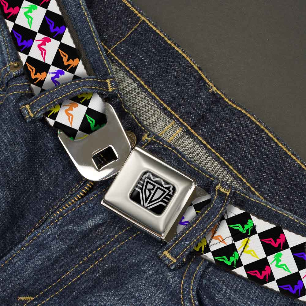 BD Wings Logo CLOSE-UP Full Color Black Silver Seatbelt Belt - Mud Flap Girl Diamonds Black/White/Multi Neon Webbing Seatbelt Belts Buckle-Down