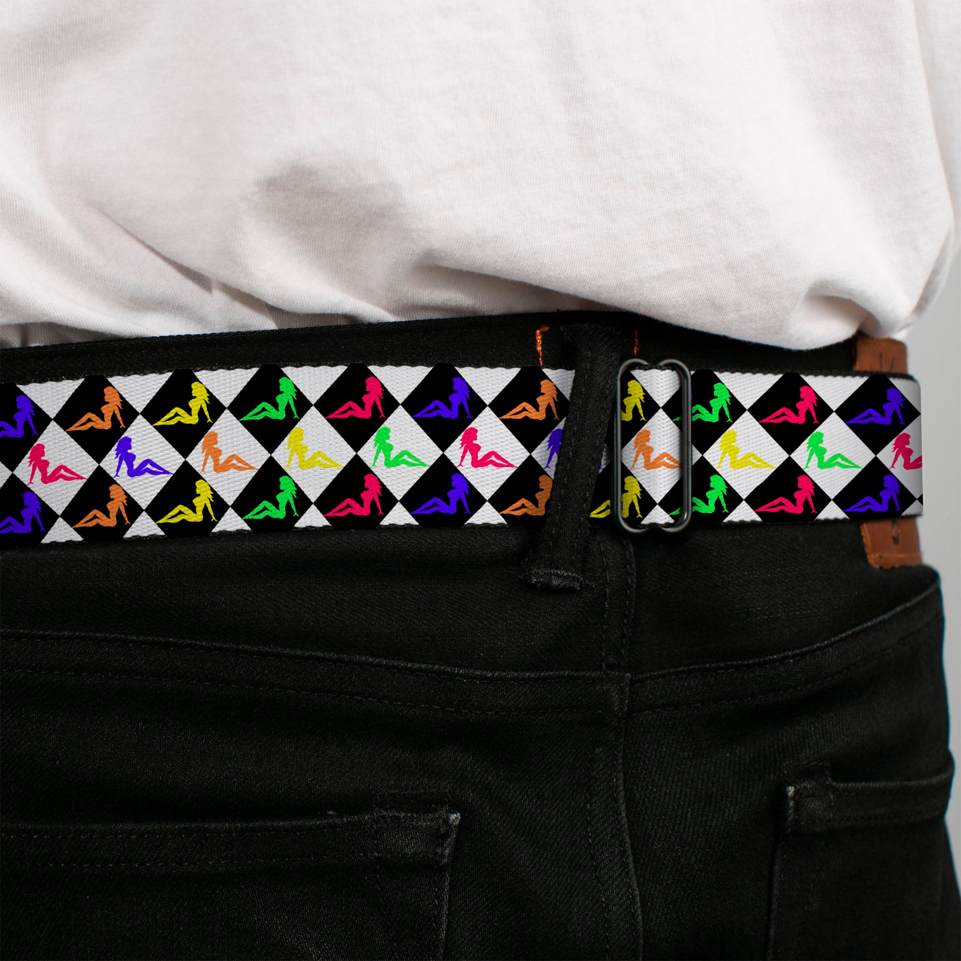 BD Wings Logo CLOSE-UP Full Color Black Silver Seatbelt Belt - Mud Flap Girl Diamonds Black/White/Multi Neon Webbing Seatbelt Belts Buckle-Down