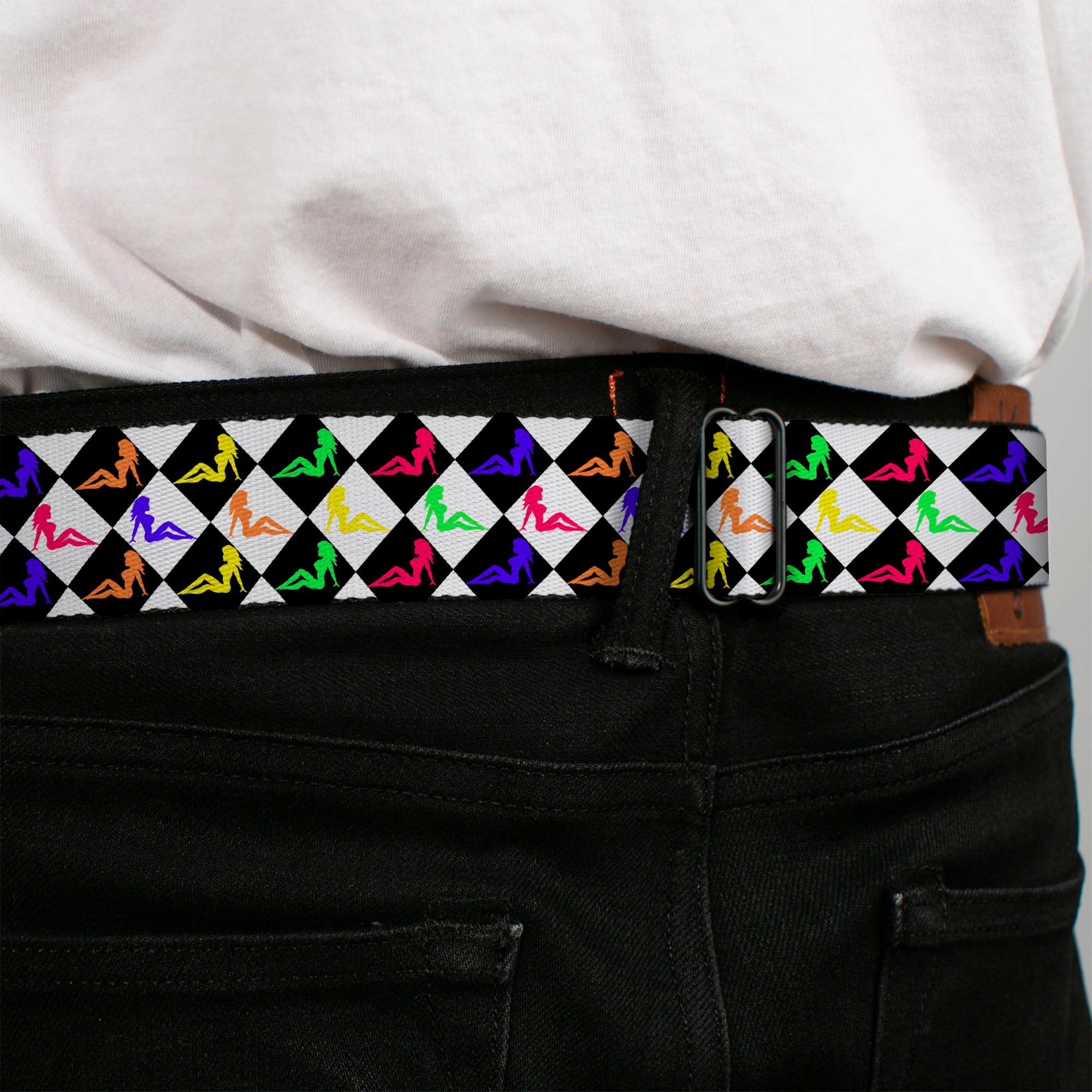 BD Wings Logo CLOSE-UP Full Color Black Silver Seatbelt Belt - Mud Flap Girl Diamonds Black/White/Multi Neon Webbing Seatbelt Belts Buckle-Down