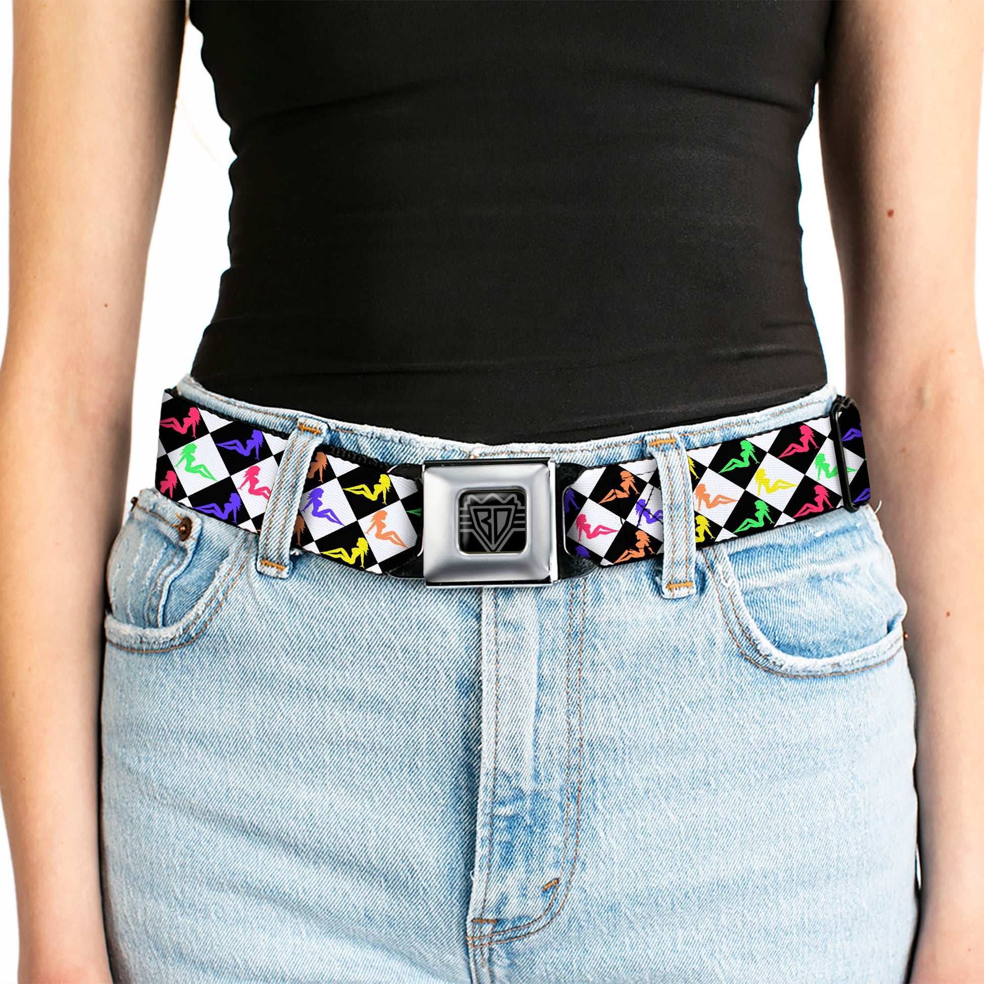 BD Wings Logo CLOSE-UP Full Color Black Silver Seatbelt Belt - Mud Flap Girl Diamonds Black/White/Multi Neon Webbing Seatbelt Belts Buckle-Down