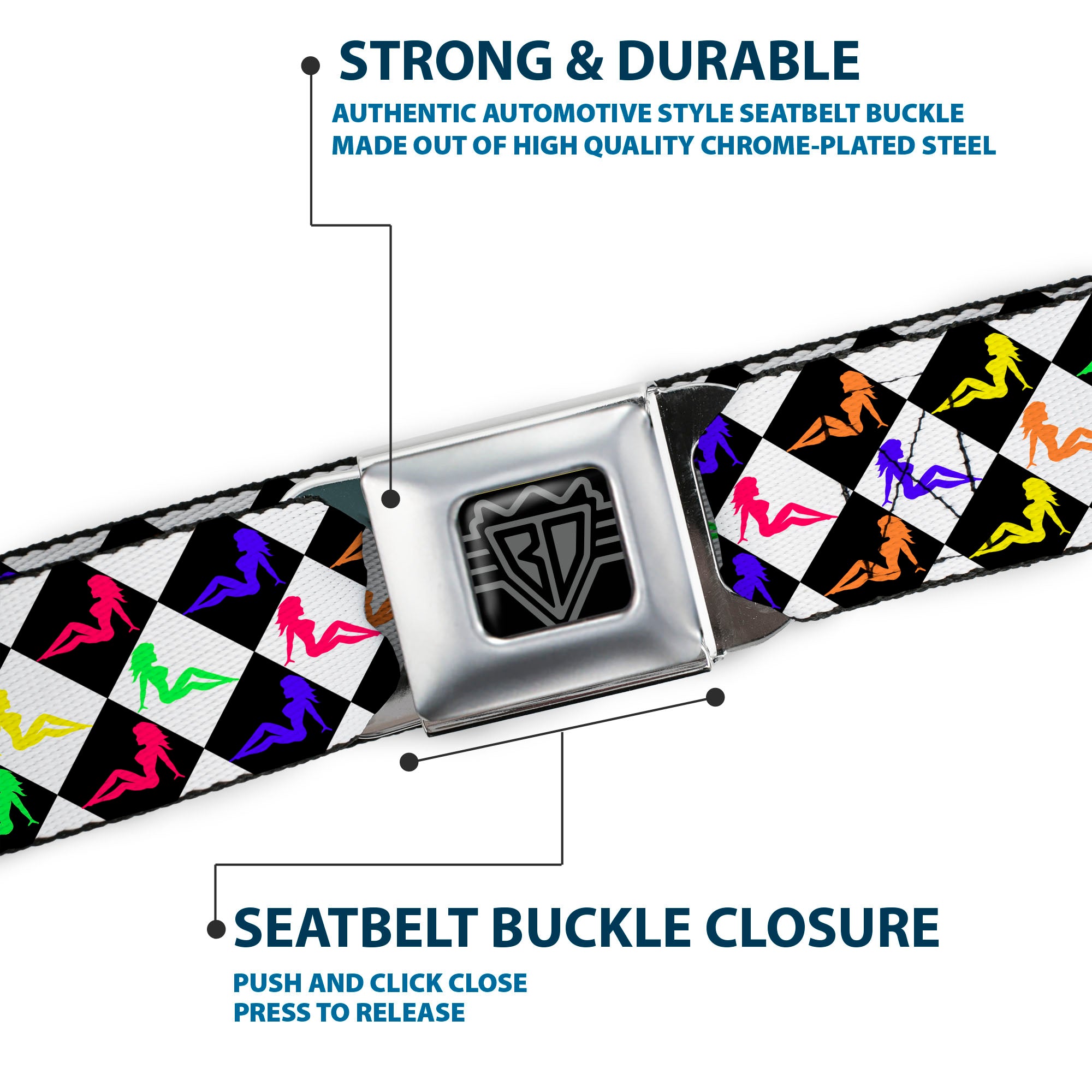 BD Wings Logo CLOSE-UP Full Color Black Silver Seatbelt Belt - Mud Flap Girl Diamonds Black/White/Multi Neon Webbing Seatbelt Belts Buckle-Down