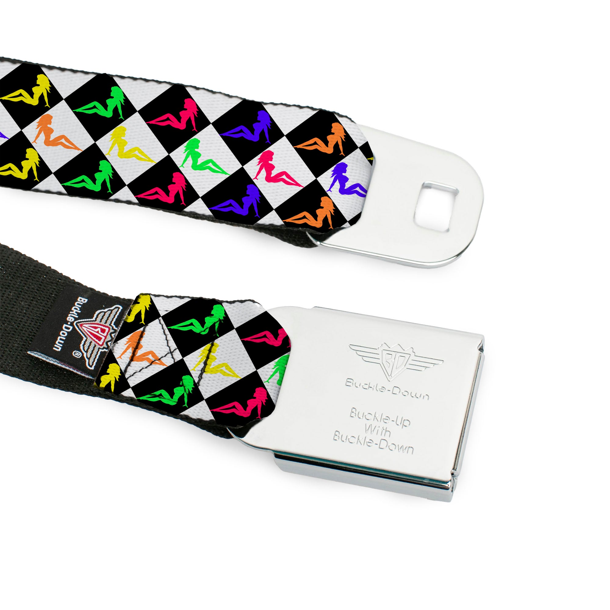 BD Wings Logo CLOSE-UP Full Color Black Silver Seatbelt Belt - Mud Flap Girl Diamonds Black/White/Multi Neon Webbing Seatbelt Belts Buckle-Down