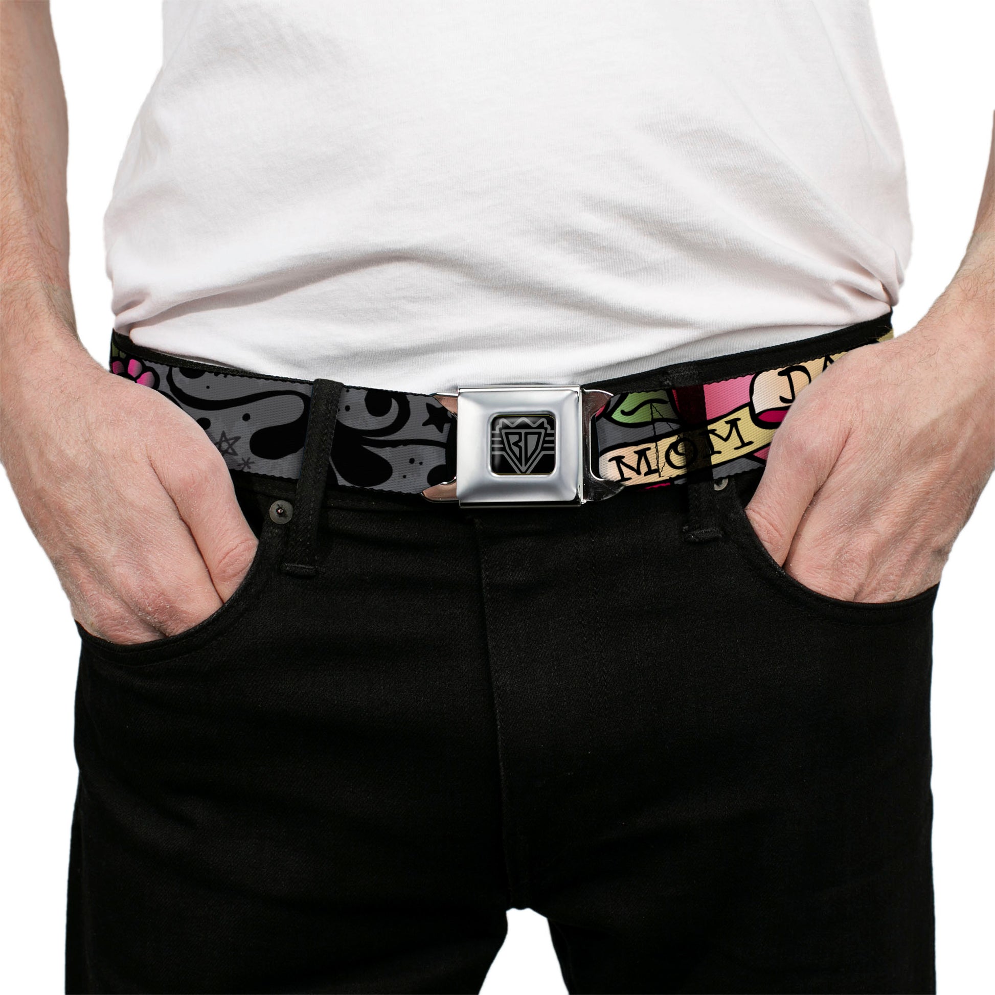 BD Wings Logo CLOSE-UP Full Color Black Silver Seatbelt Belt - Mom & Dad Gray Webbing Seatbelt Belts Buckle-Down