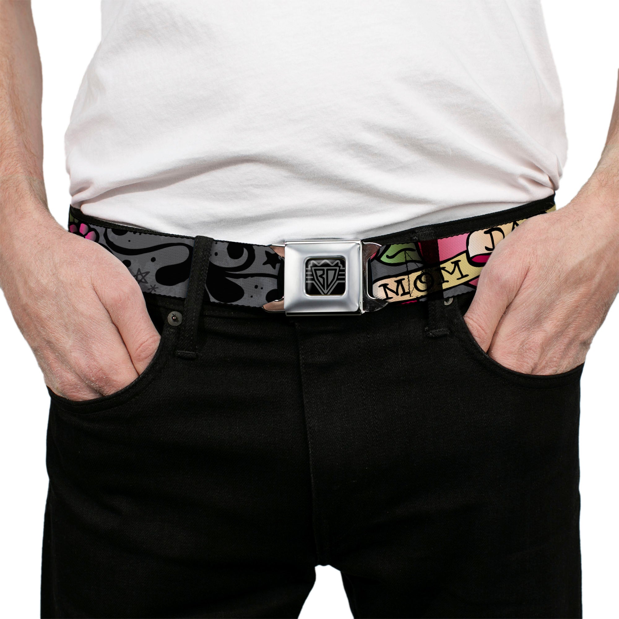 BD Wings Logo CLOSE-UP Full Color Black Silver Seatbelt Belt - Mom & Dad Gray Webbing Seatbelt Belts Buckle-Down
