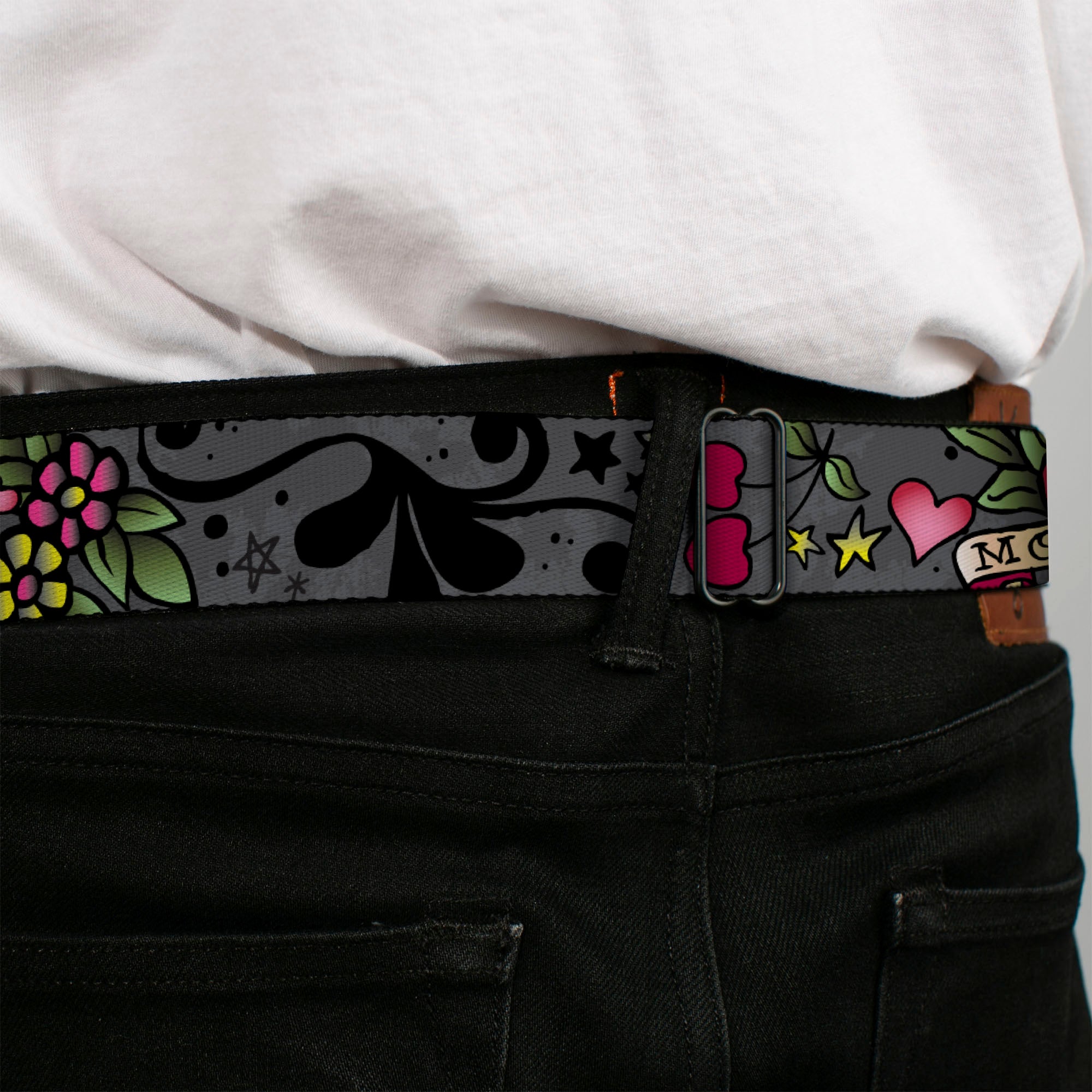 BD Wings Logo CLOSE-UP Full Color Black Silver Seatbelt Belt - Mom & Dad Gray Webbing Seatbelt Belts Buckle-Down