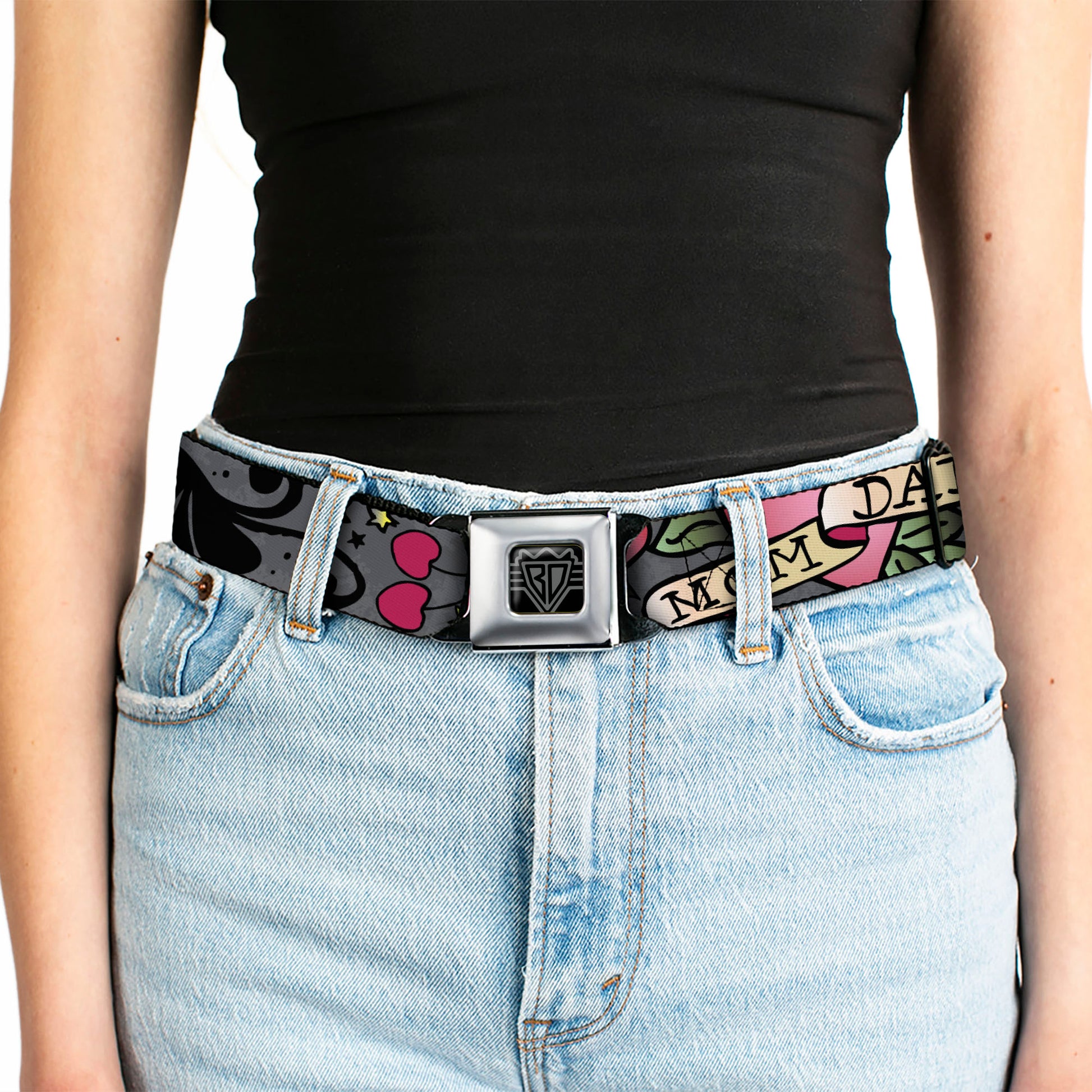 BD Wings Logo CLOSE-UP Full Color Black Silver Seatbelt Belt - Mom & Dad Gray Webbing Seatbelt Belts Buckle-Down