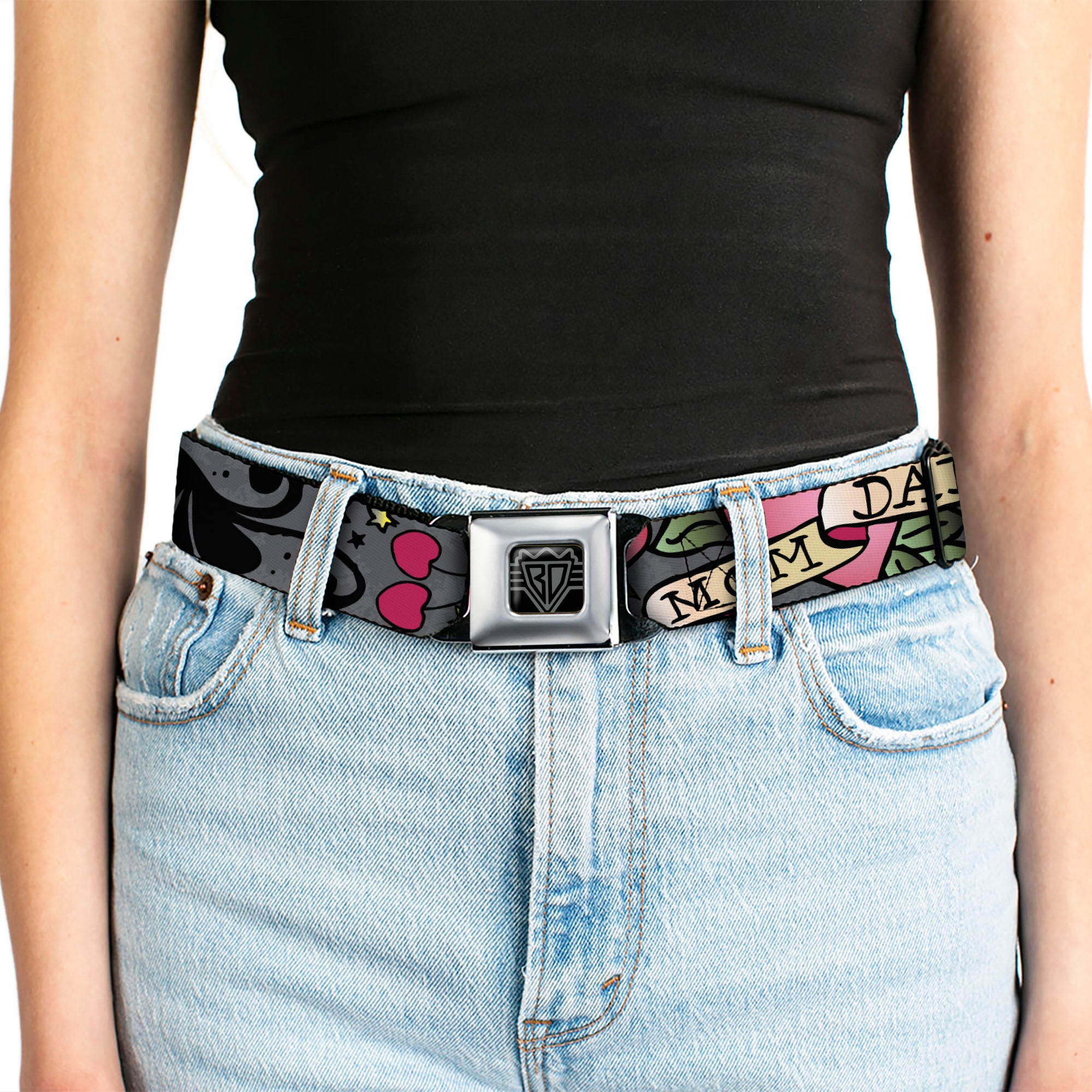 BD Wings Logo CLOSE-UP Full Color Black Silver Seatbelt Belt - Mom & Dad Gray Webbing Seatbelt Belts Buckle-Down