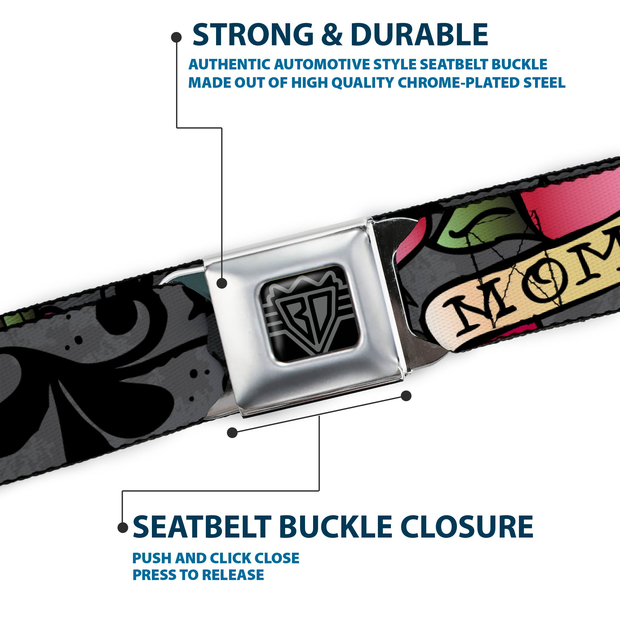 BD Wings Logo CLOSE-UP Full Color Black Silver Seatbelt Belt - Mom & Dad Gray Webbing Seatbelt Belts Buckle-Down