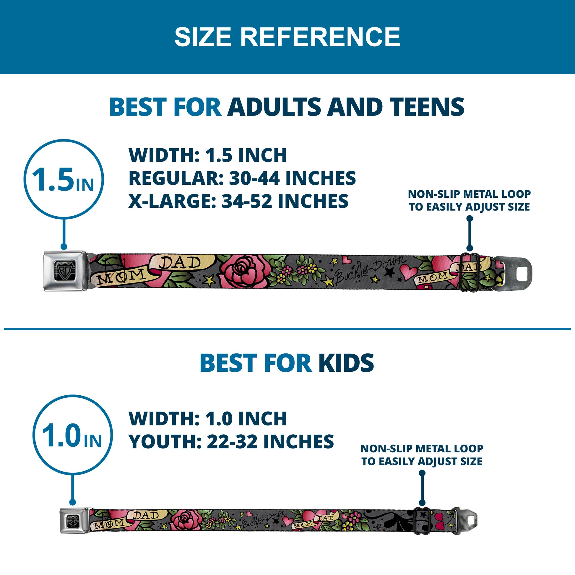 BD Wings Logo CLOSE-UP Full Color Black Silver Seatbelt Belt - Mom & Dad Gray Webbing Seatbelt Belts Buckle-Down