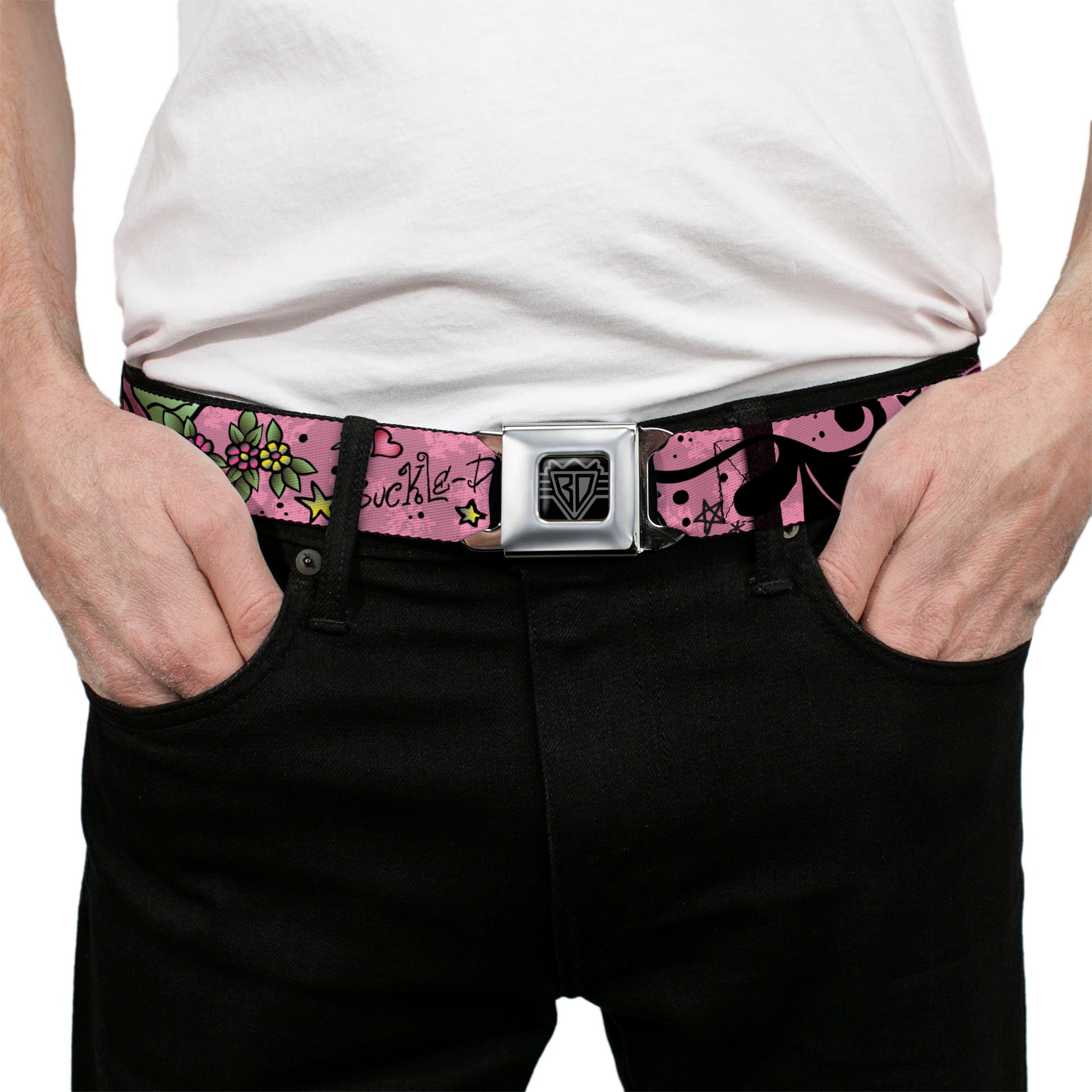 BD Wings Logo CLOSE-UP Full Color Black Silver Seatbelt Belt - Mom & Dad Pink Webbing Seatbelt Belts Buckle-Down
