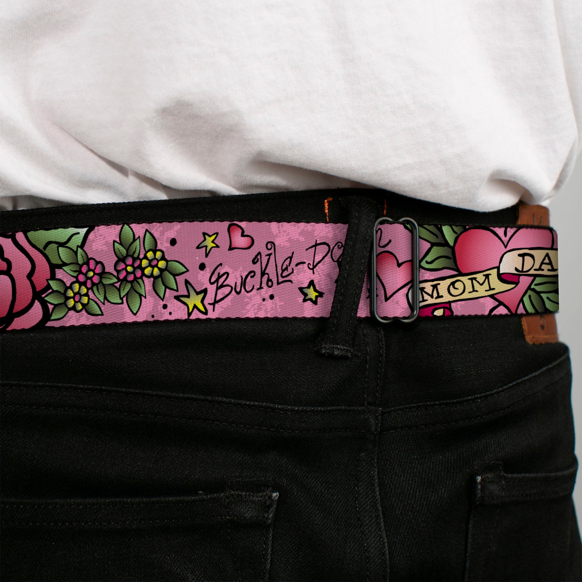 BD Wings Logo CLOSE-UP Full Color Black Silver Seatbelt Belt - Mom & Dad Pink Webbing Seatbelt Belts Buckle-Down