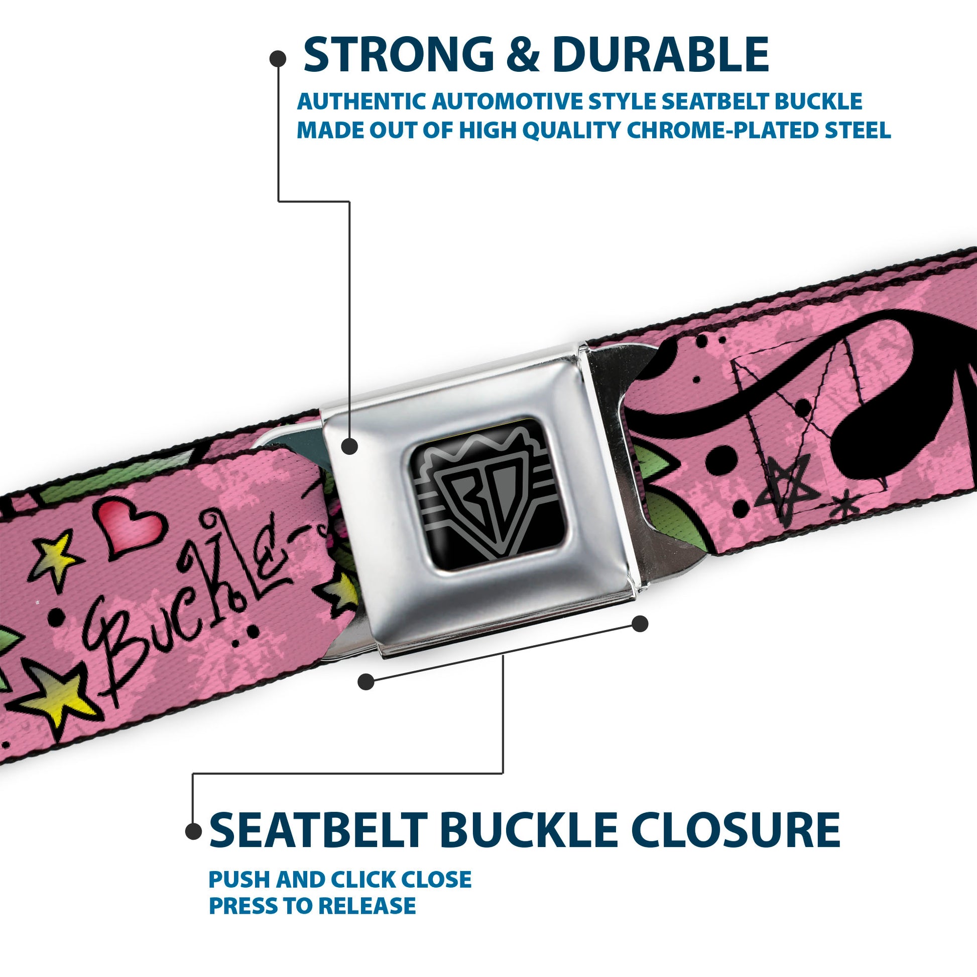 BD Wings Logo CLOSE-UP Full Color Black Silver Seatbelt Belt - Mom & Dad Pink Webbing Seatbelt Belts Buckle-Down