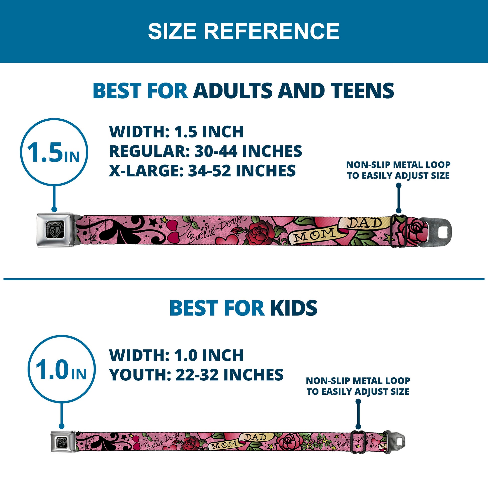 BD Wings Logo CLOSE-UP Full Color Black Silver Seatbelt Belt - Mom & Dad Pink Webbing Seatbelt Belts Buckle-Down