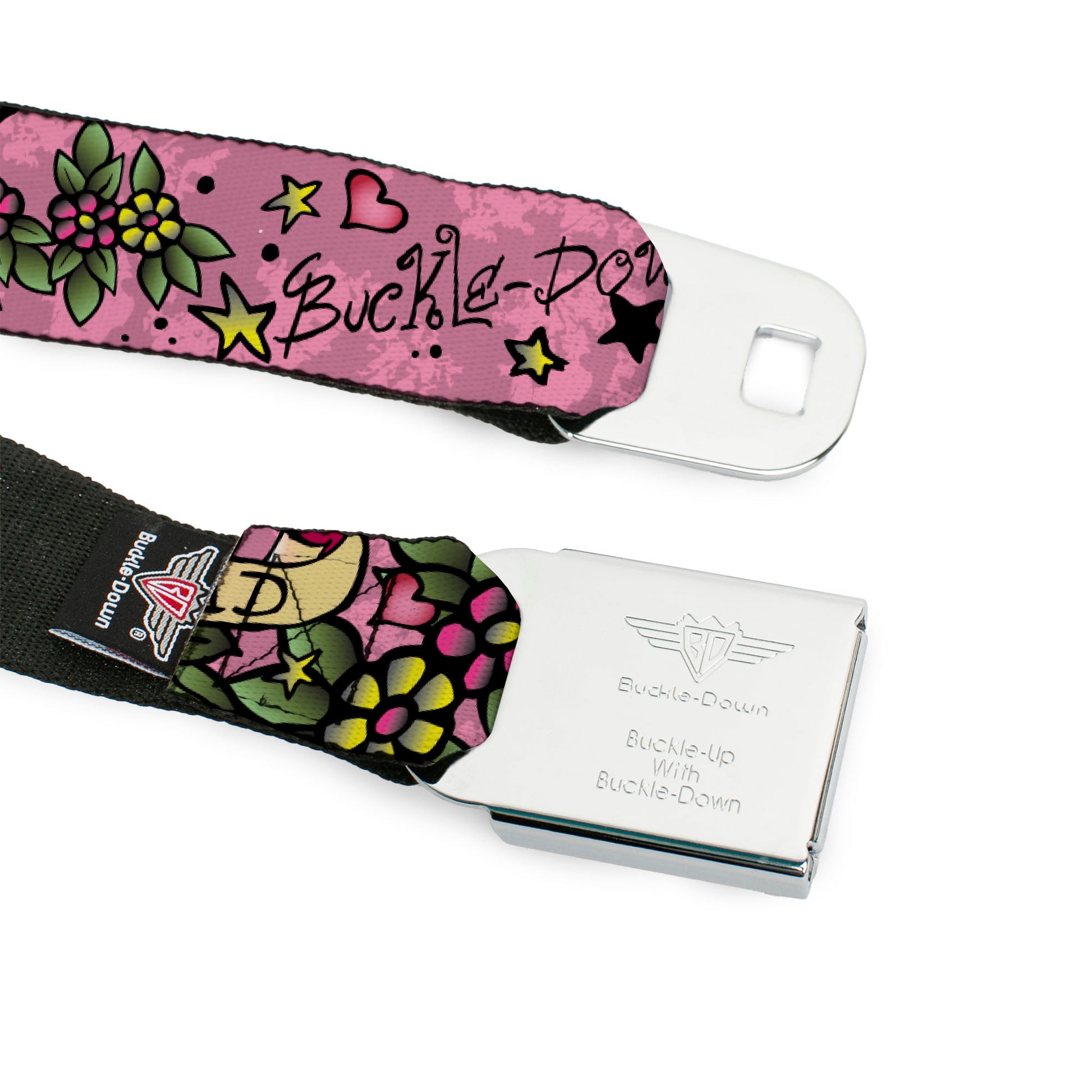 BD Wings Logo CLOSE-UP Full Color Black Silver Seatbelt Belt - Mom & Dad Pink Webbing Seatbelt Belts Buckle-Down