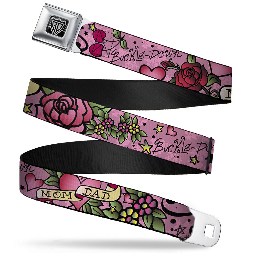 BD Wings Logo CLOSE-UP Full Color Black Silver Seatbelt Belt - Mom & Dad Pink Webbing Seatbelt Belts Buckle-Down