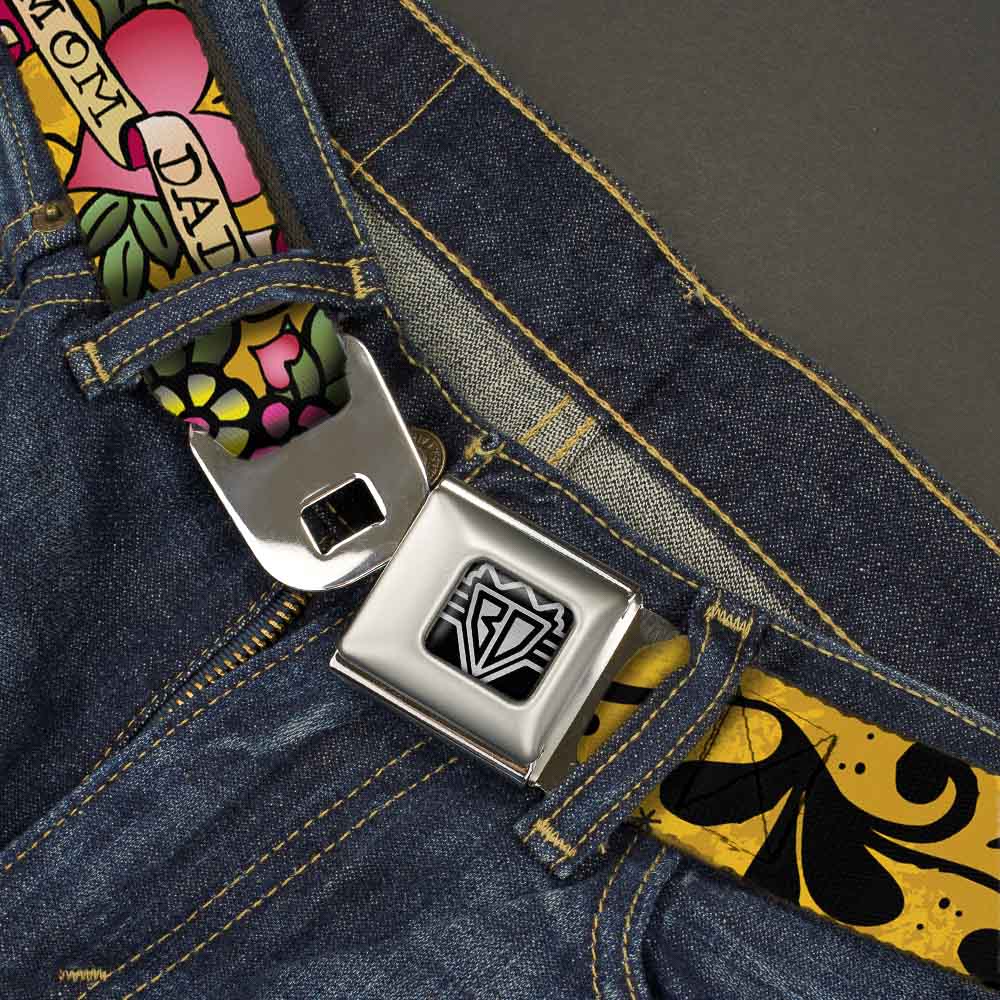 BD Wings Logo CLOSE-UP Full Color Black Silver Seatbelt Belt - Mom & Dad Yellow Webbing Seatbelt Belts Buckle-Down
